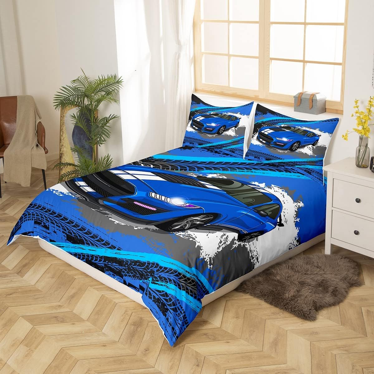Funda de edredón azul para niños y hombres, juego de ropa de cama de auto de carreras de graffiti tamaño matrimonial, funda de edredón de pista de