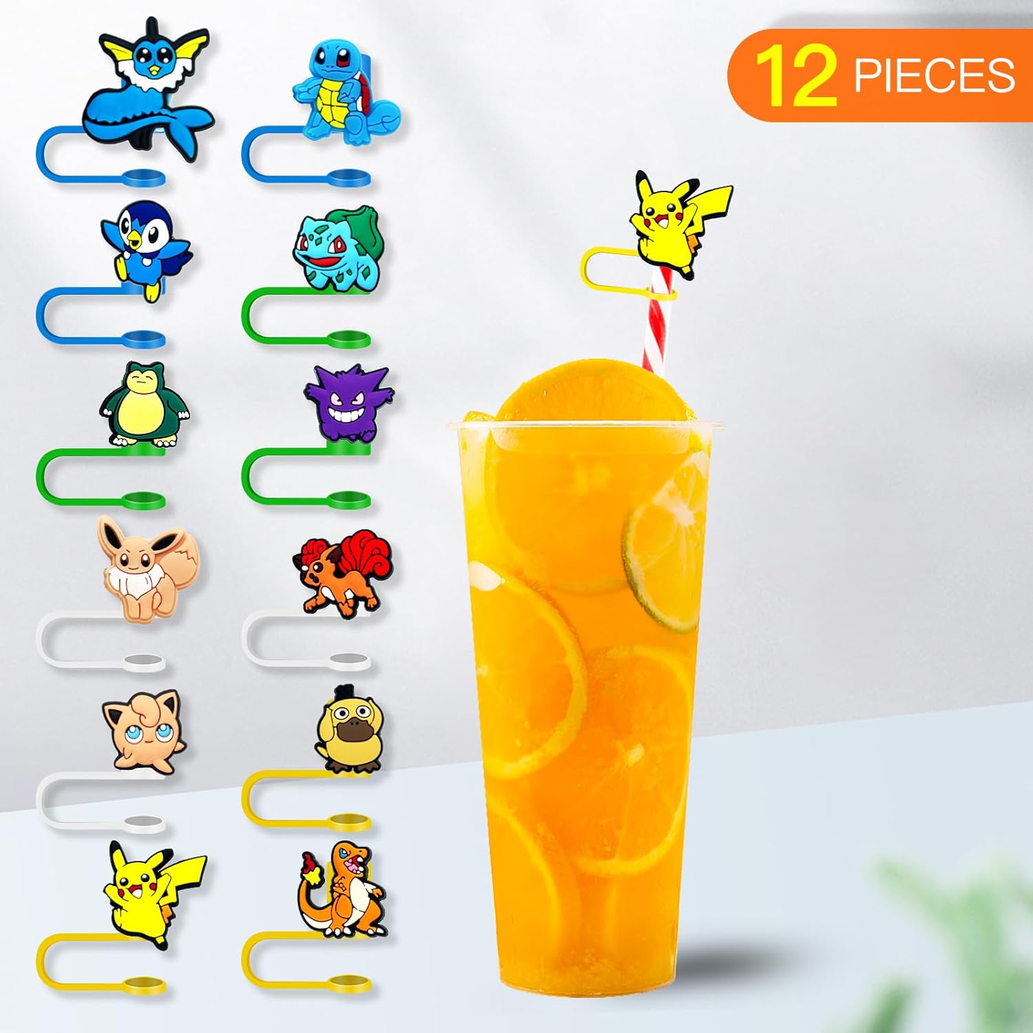 12 fundas de popote para vasos, bonito adorno de popote de dibujos animados, fundas de silicona para pajitas (12 unidades, anime de 0.315 in, 91)