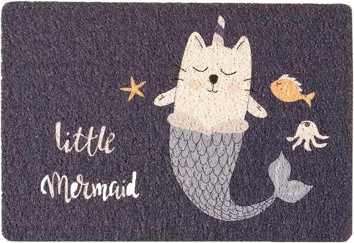 QWINEE Tapete de arena para gatos con estampado de dibujos animados para puerta, accesorios de alimentación antideslizante, perfil bajo, fácil de