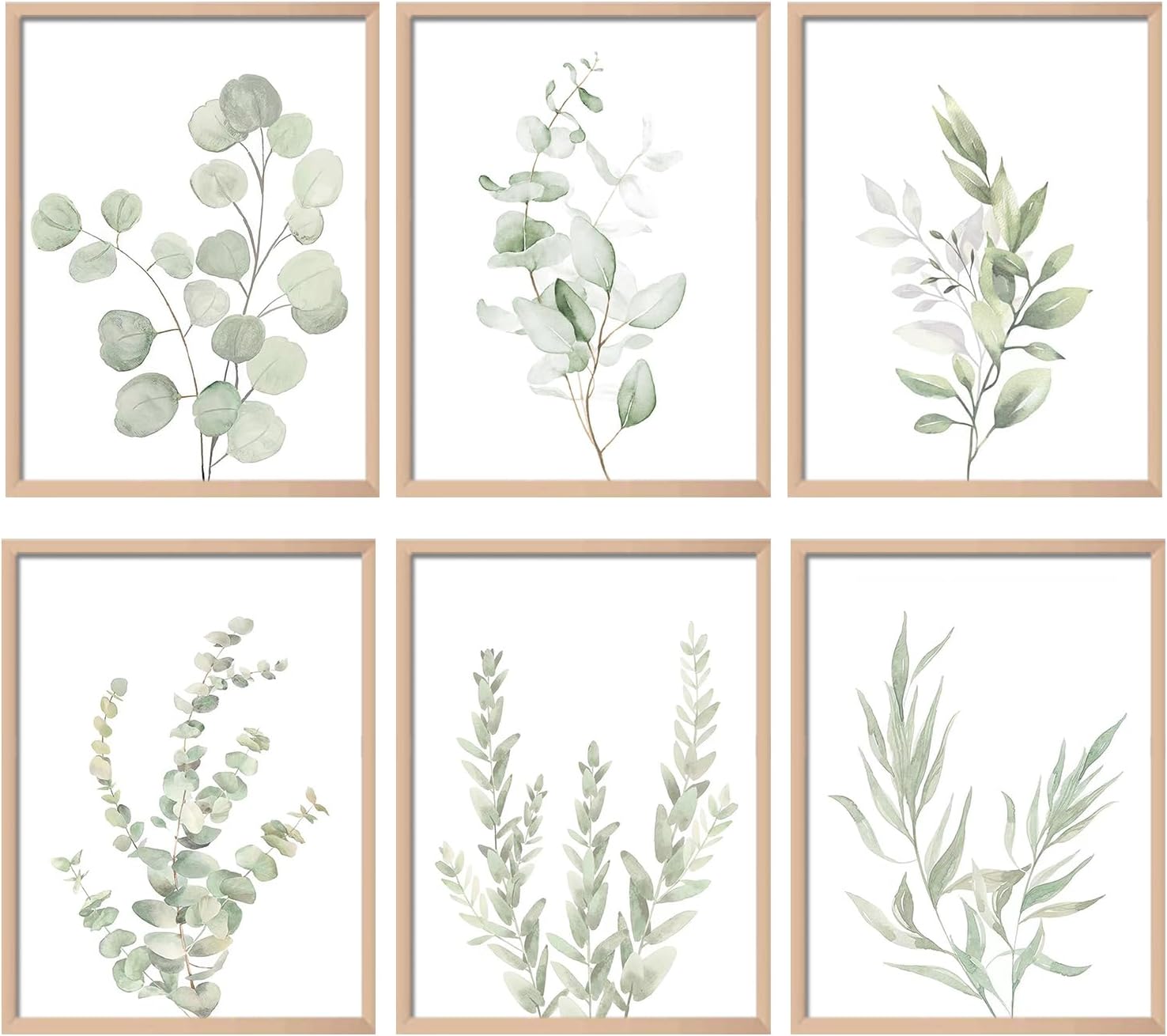NCYEL Arte de pared con plantas botánicas, decoración bohemia para baño, impresiones artísticas de pared de hojas de eucalipto verde claro, arte de