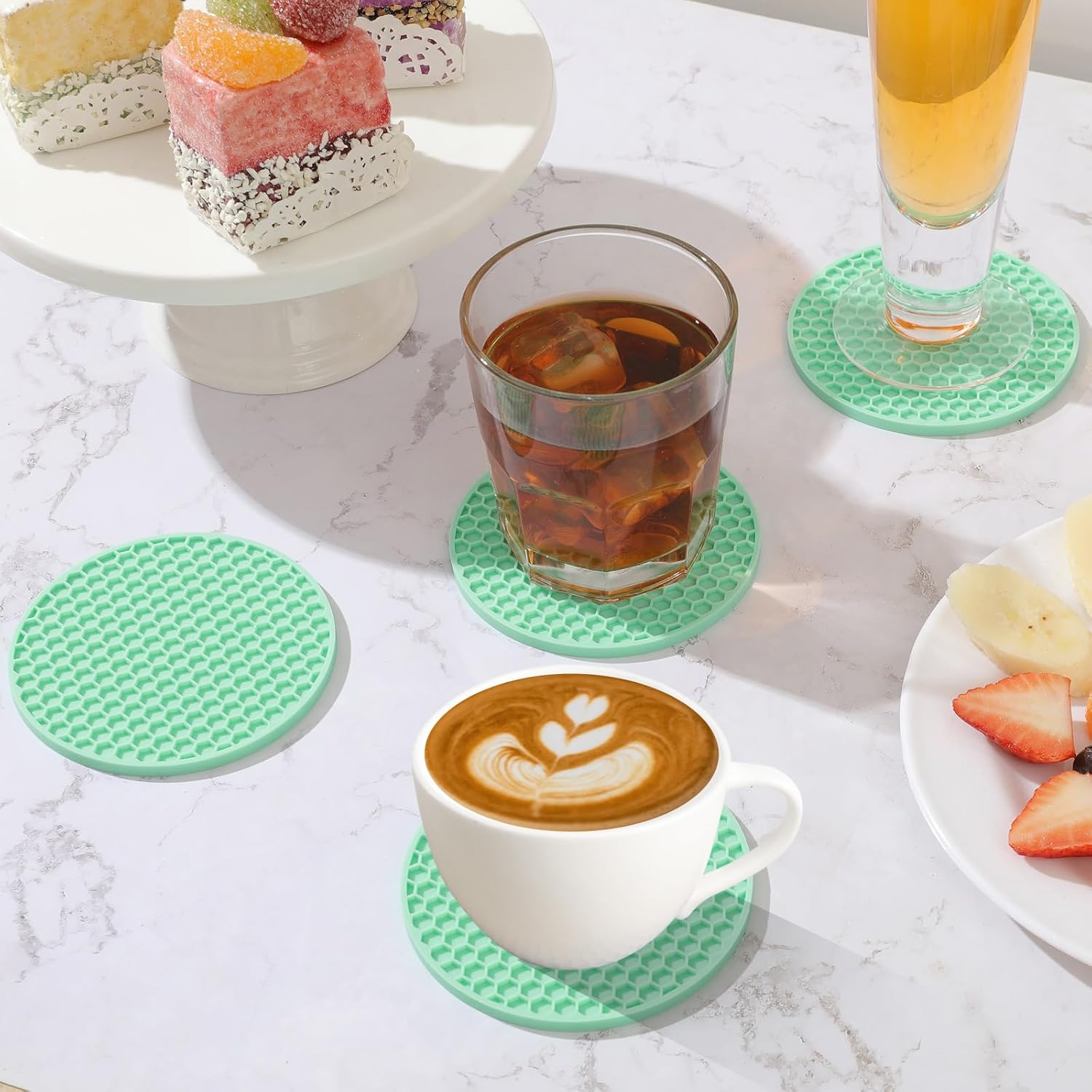 Juego de 8 posavasos de silicona con soporte, posavasos para bebidas, cerveza, café, adecuados para tipos de tazas, calientes o fríos,