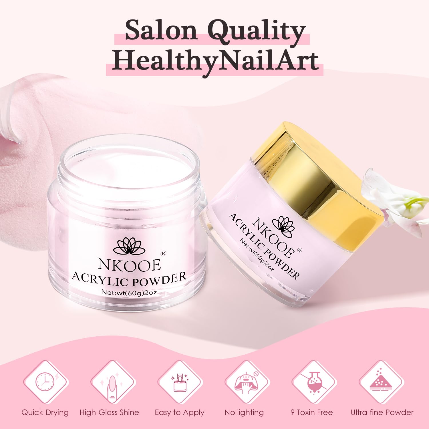 NKOOE Juego de polvo acrílico rosa de 2 onzas, polímero de uñas de alta capacidad de 2.12 oz, sin necesidad de brillar la luz, manicura francesa,