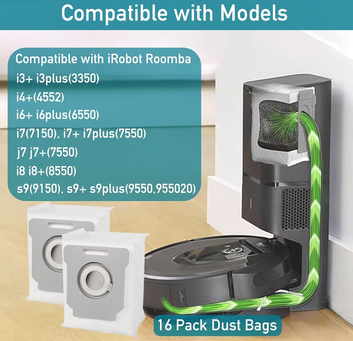 Paquete de 16 bolsas de vacío compatibles con iRobot Roomba i7 i7+Plus (7550) i3+ i4+ i6+ (6550) i8+ (8550) s9+ (9550) I & S Series, bolsas de