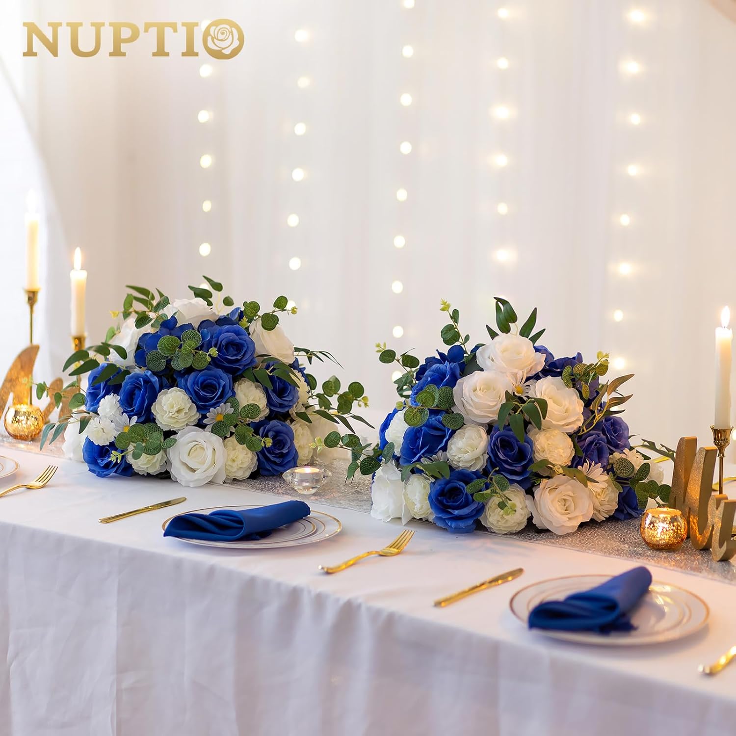 NUPTIO Ramo de arreglo de bolas de flores, 10 unidades de 17.7 pulgadas de diámetro, flores falsas azul real y blanco, bolas de rosas para centros
