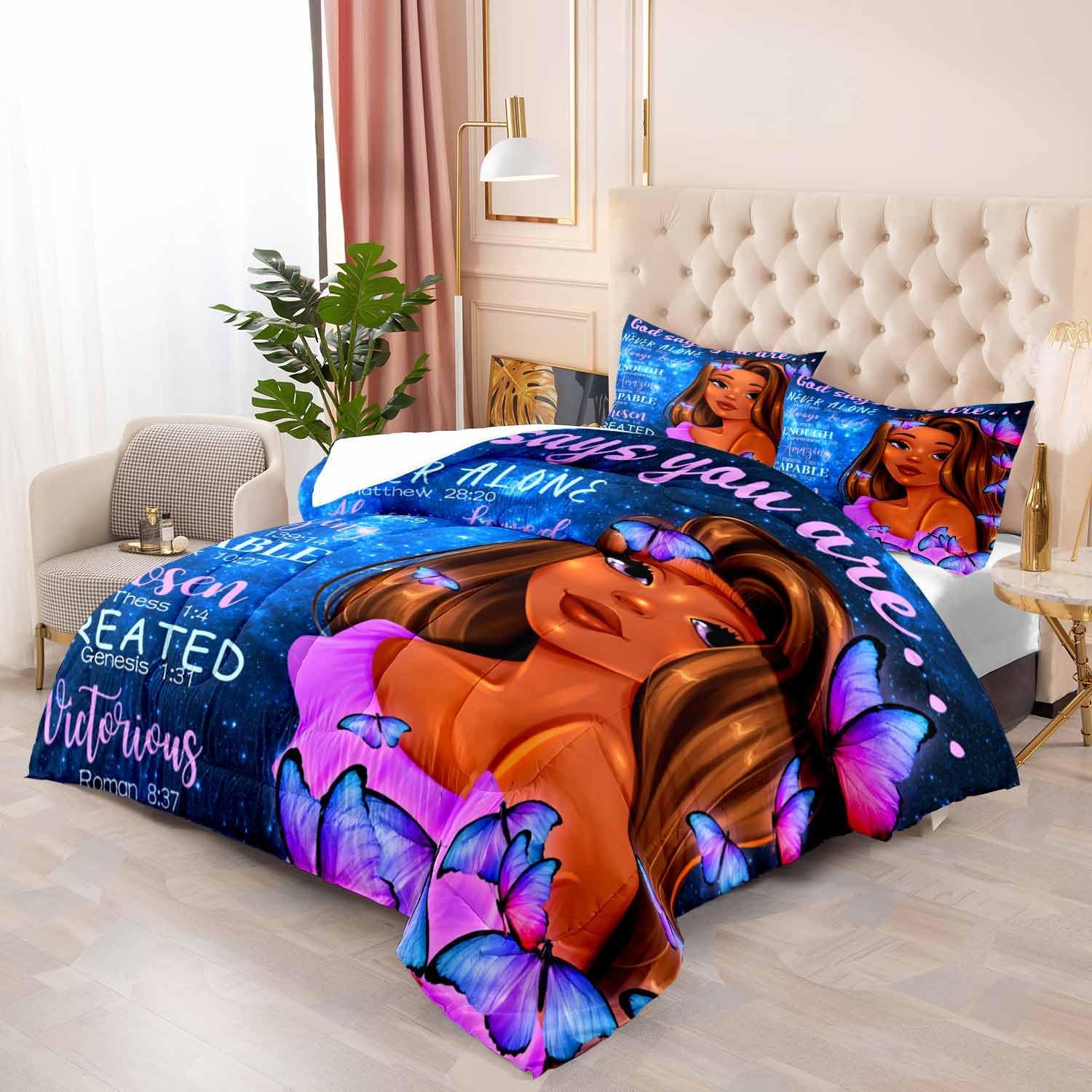 LUVIVIHOME Juego de edredón mágico de 3 piezas, tamaño matrimonial, ropa de cama negra afroamericana, ropa de cama de mariposa azul galaxia púrpura