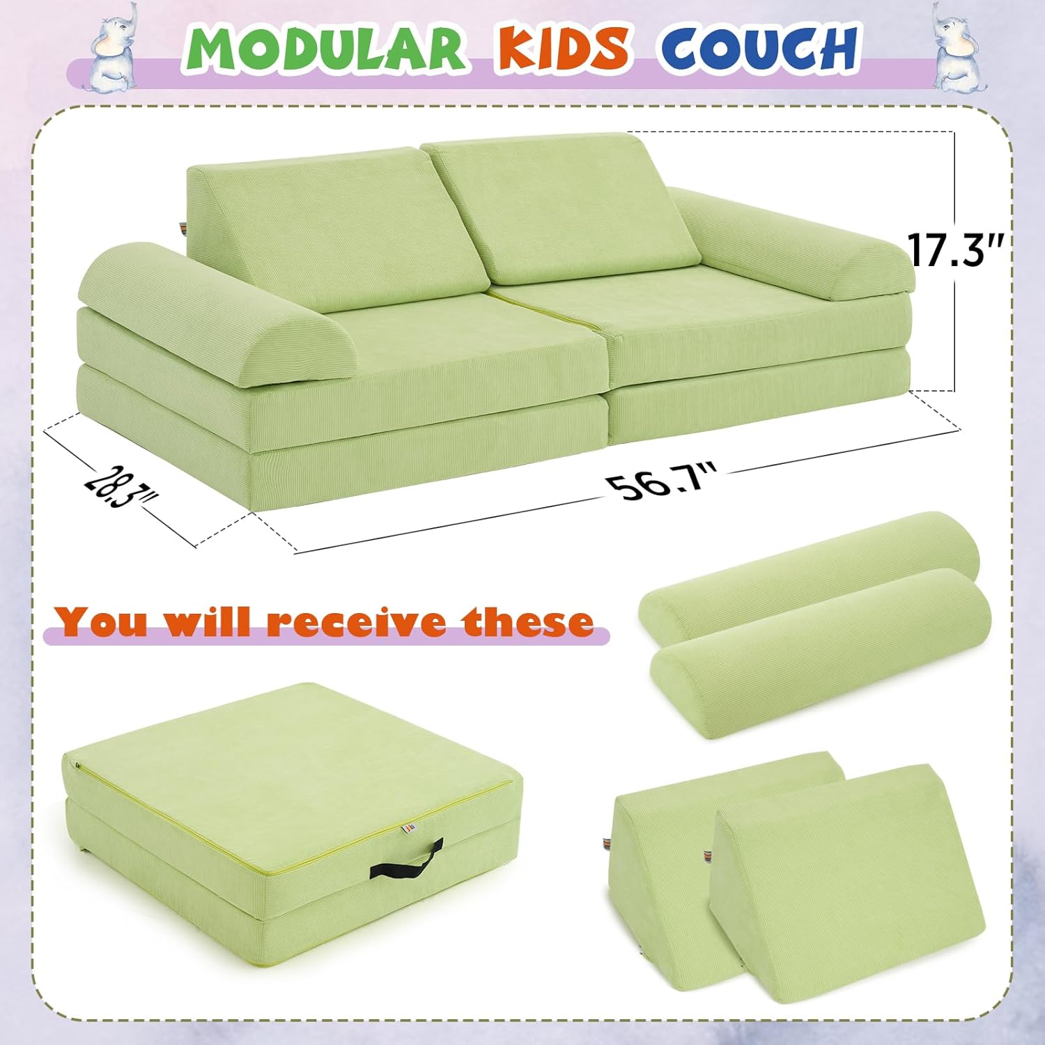 jela Kids Couch, Floor Sofa Modular Funiture for Kids, Luxury Corduroy Fabric Playhouse Play Set for Toddlers Babies, Modular Foam Play Couch Indoor