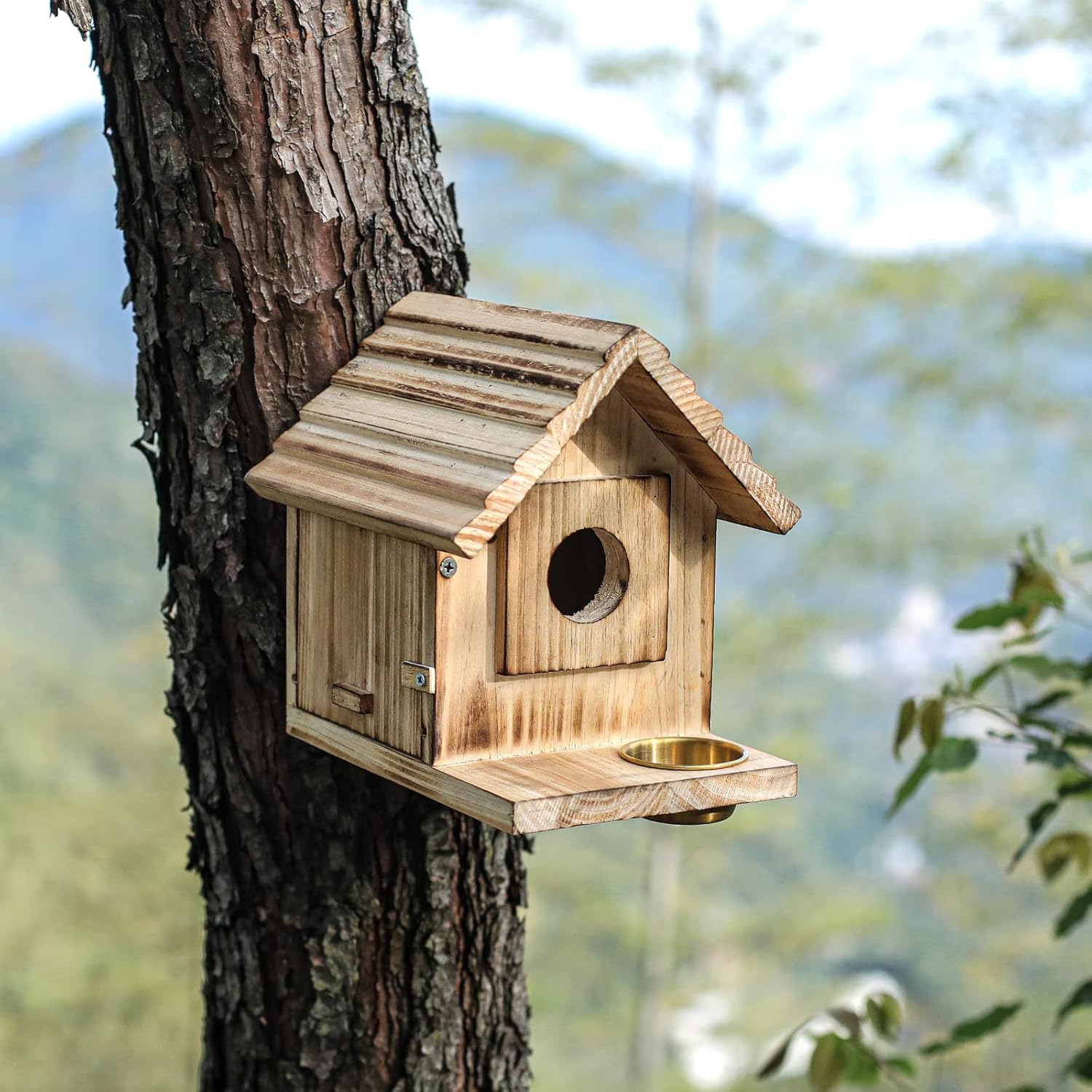 Casa para pájaros para exteriores, casa de pájaros azules de madera con protector de depredadores, caja de anidación de pájaros silvestres,
