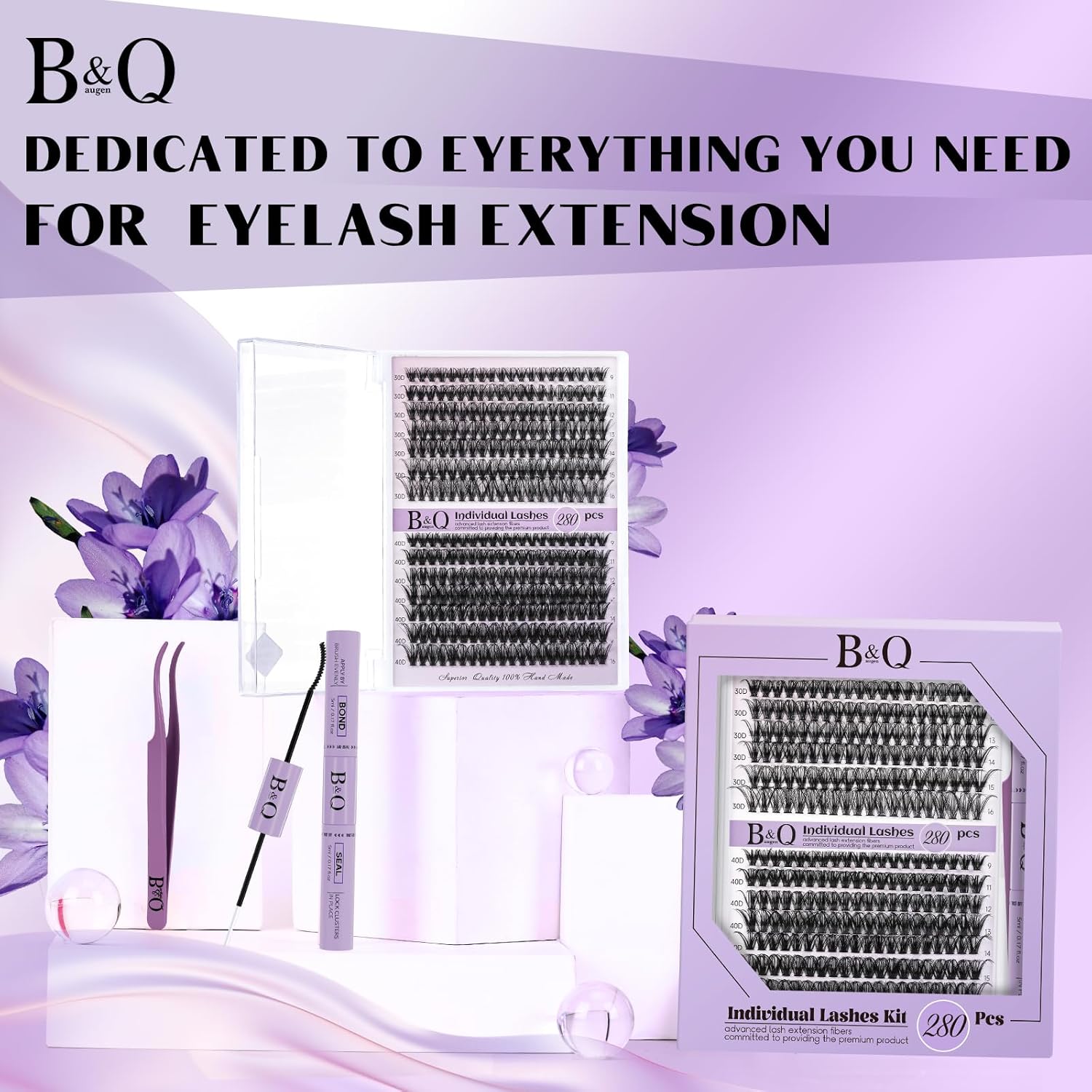 Kit de extensión de pestañas para bricolaje, 280 unidades, individuales, racimo B&Q D, kit de extensión de pestañas con enlace de pestañas, sello y