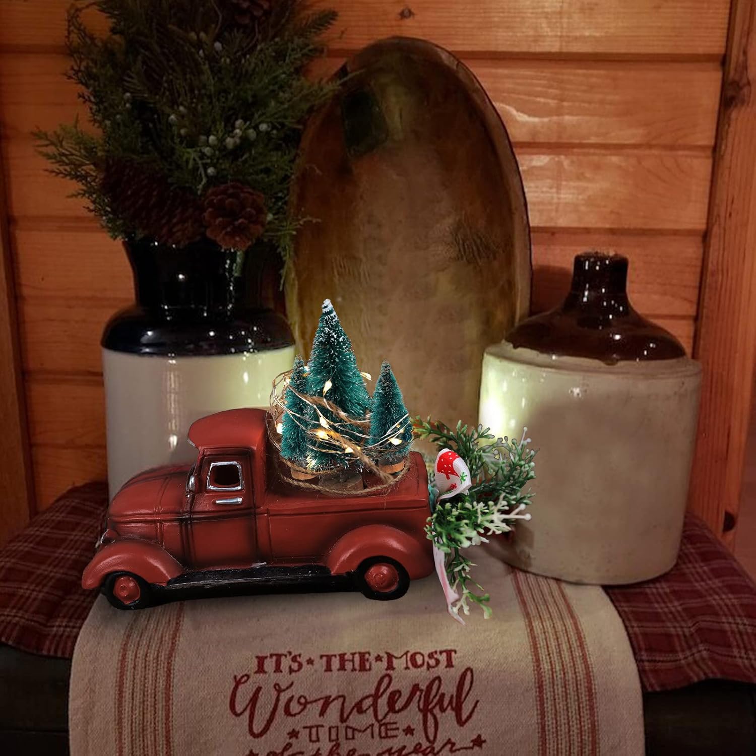 Adorno vintage de Navidad rojo para camioneta brillante de árbol de Navidad, decoración de manualidades rústicas rojas para fiesta en el hogar