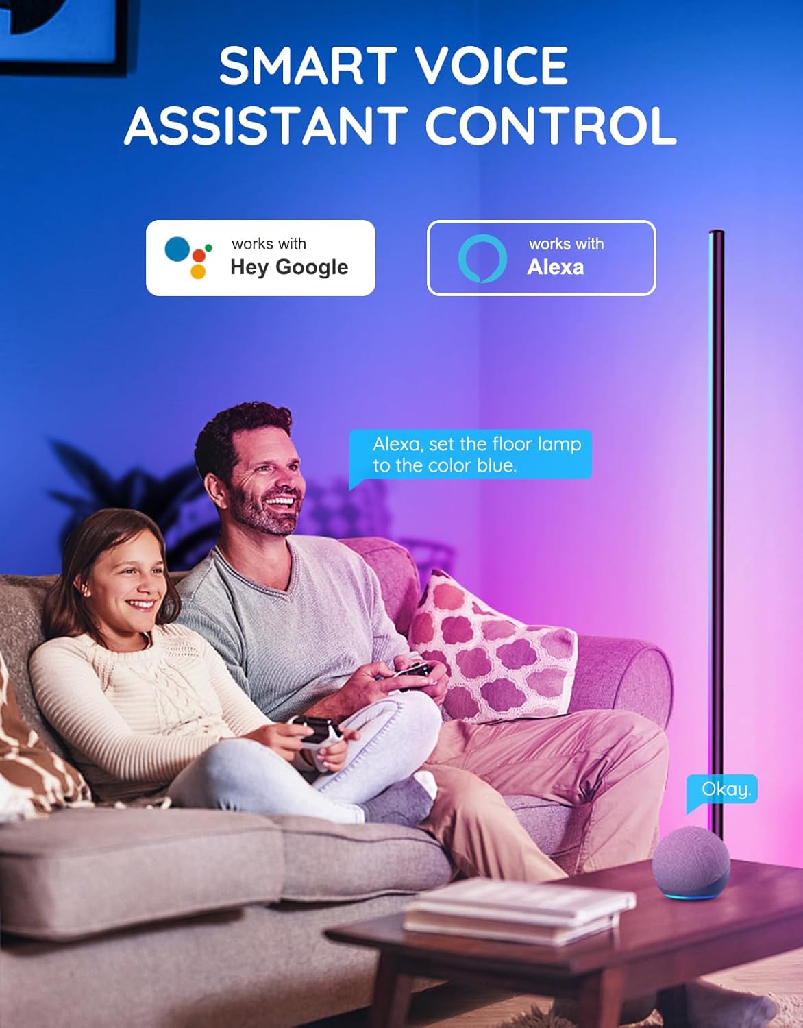 Lámpara de pie LED, lámpara de esquina RGB inteligente con control de aplicación, lámpara de pie moderna con sincronización de música, 16 millones