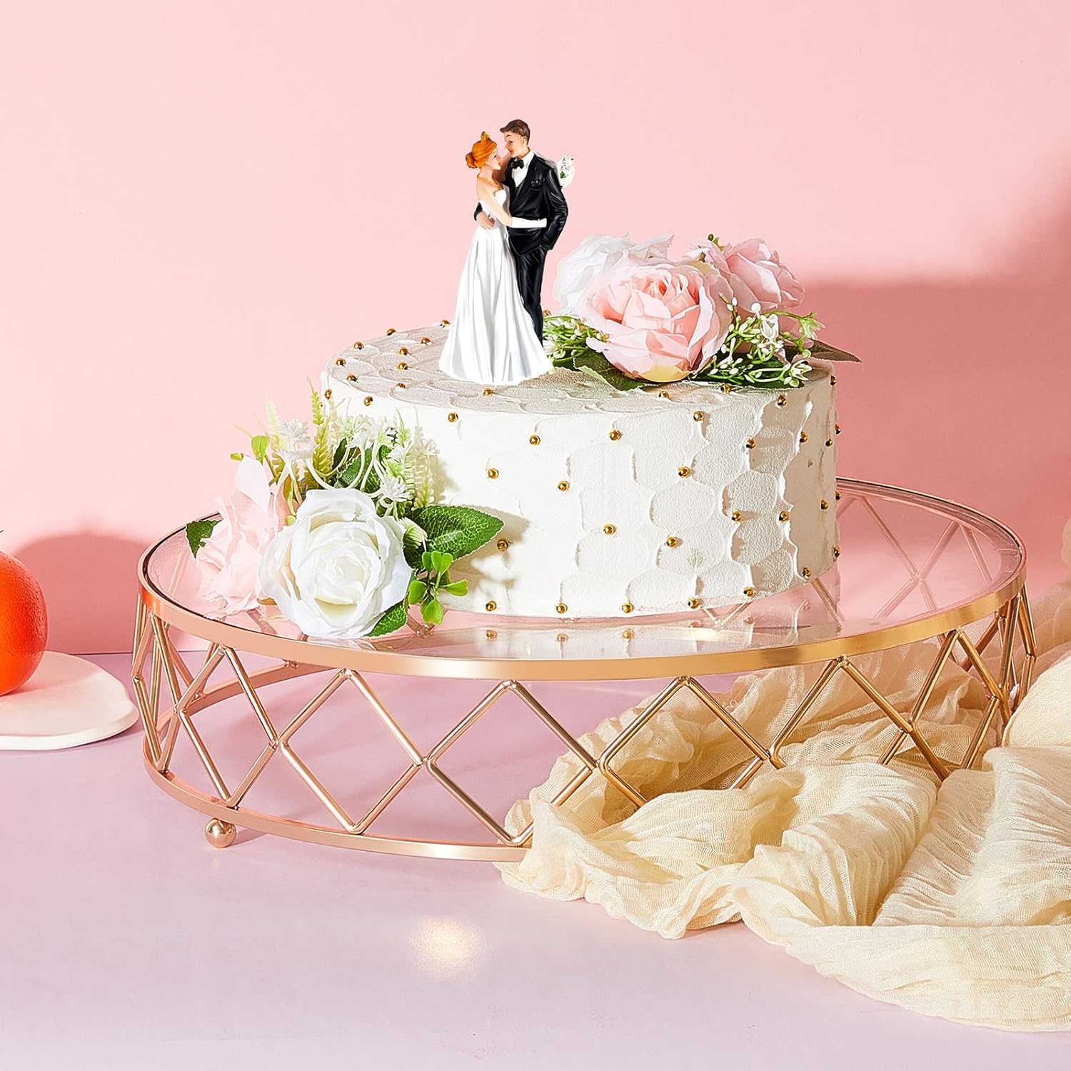 Nuanchu Soporte redondo de metal geométrico de 14 pulgadas para tartas de boda, soporte metálico brillante para tartas con parte superior de vidrio