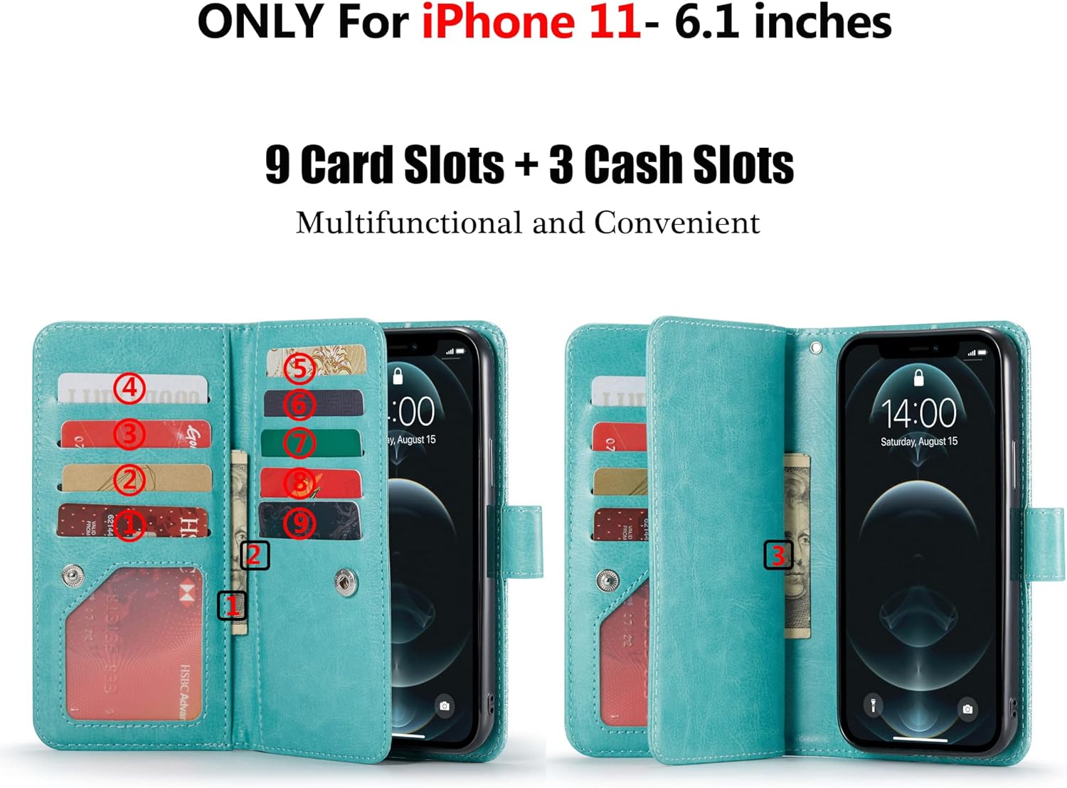 Varikke Funda tipo cartera para iPhone 11, funda magnética desmontable con tarjetero y soporte y correa de muñeca para iPhone 11 6.1 pulgadas, funda