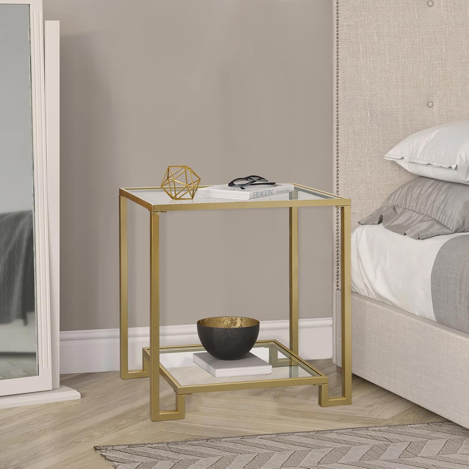 Mesa auxiliar rectangular de 2 niveles, mesa auxiliar dorada con parte superior de cristal, mesa de centro moderna de metal transparente, mesa