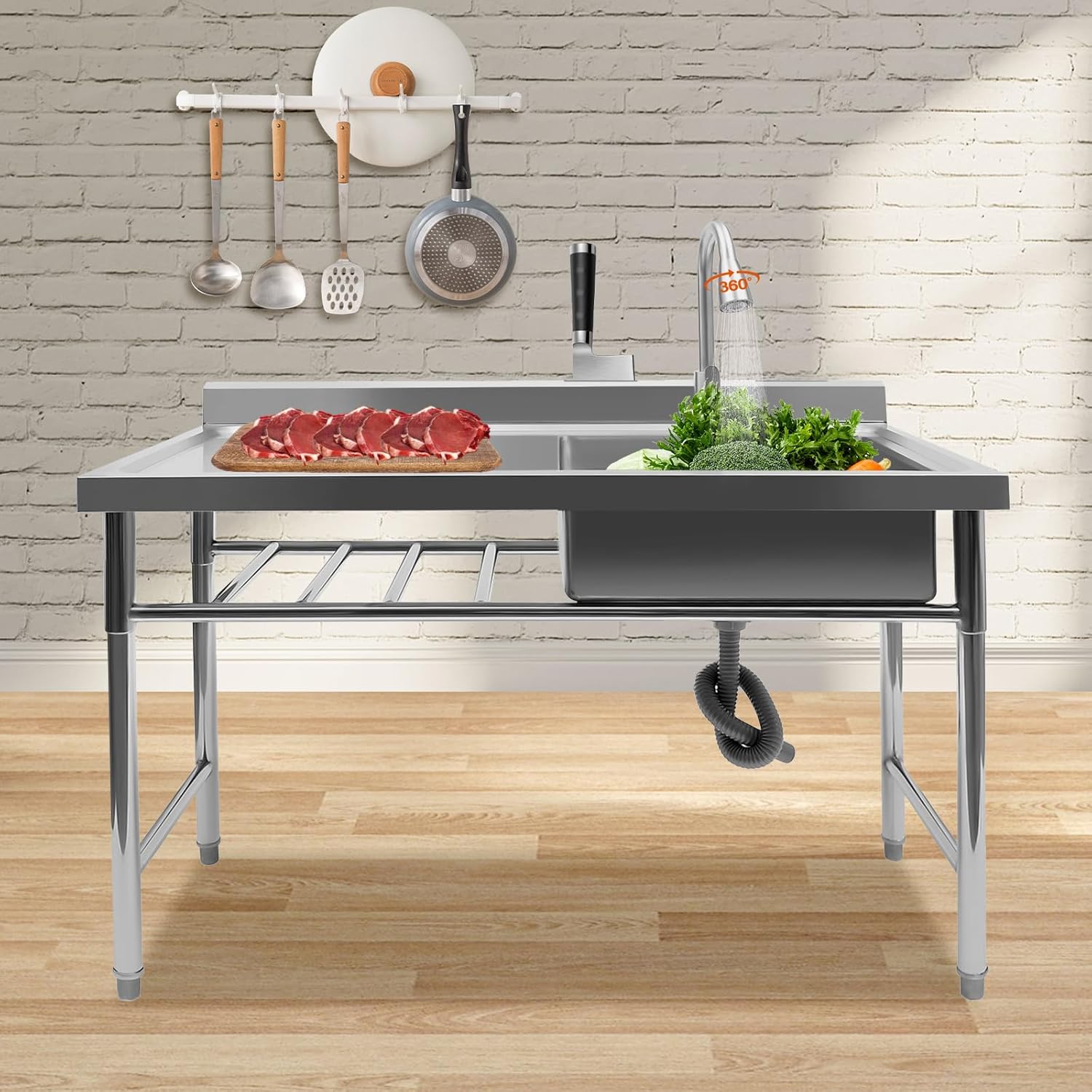 Fregadero de cocina comercial de 1 compartimento, fregadero de restaurante, tabla de drenaje de acero inoxidable con cuenco de drenaje grande y