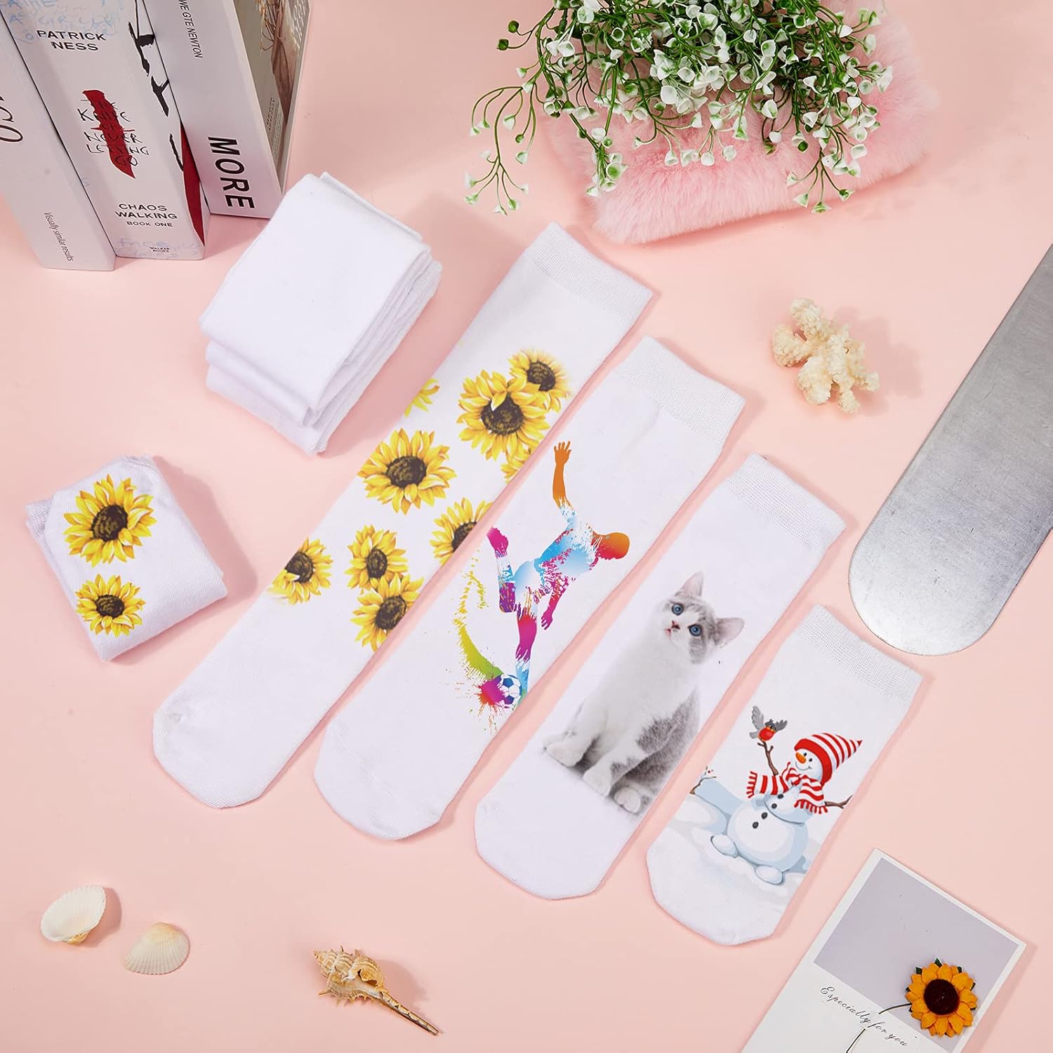 SATINIOR 32 pares de calcetines de sublimación de poliéster en blanco de transferencia de calor con plantilla de calcetines de sublimación para