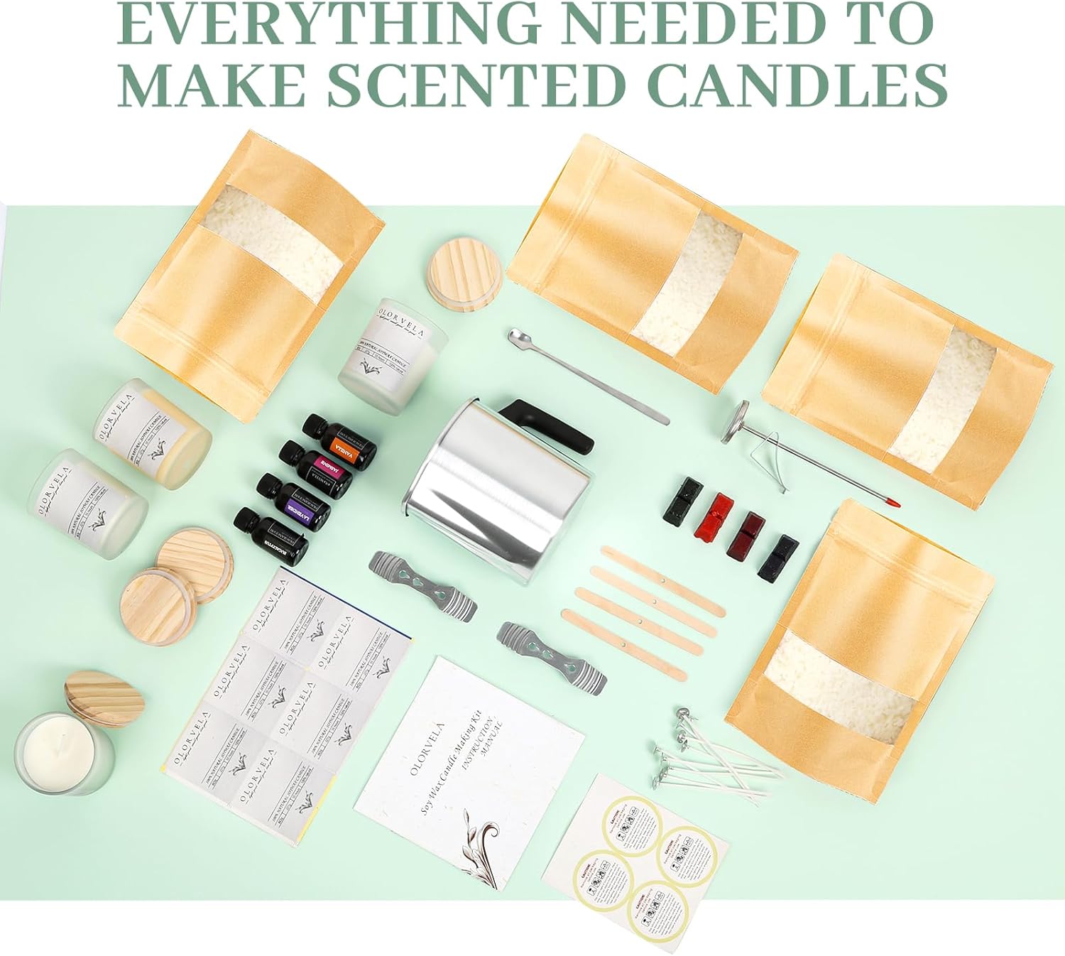 olorvela Kit de fabricación de velas para adultos principiantes kit de suministros de fabricación de velas con cera de soja, 4 tarros de vidrio y