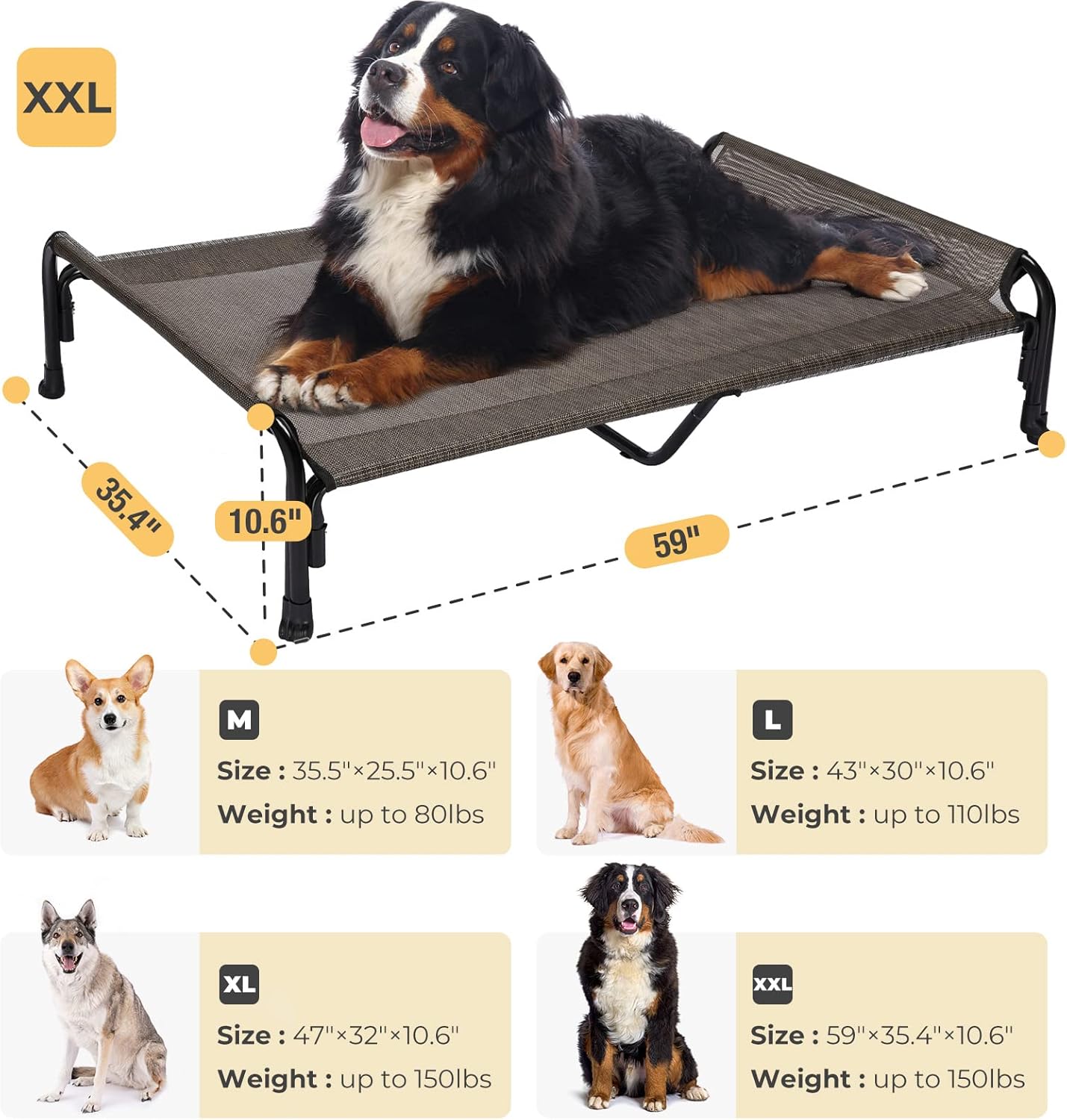 Veehoo CWC2204 – Cama elevada para perros grandes, cama elevada para mascotas con reposacabezas inclinado para interiores y exteriores, lavable,