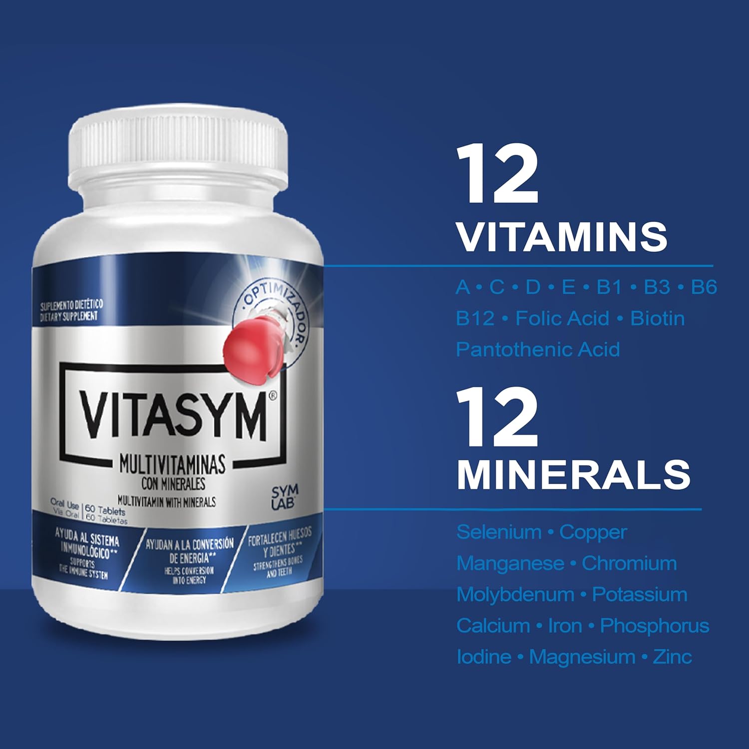 multivitamínico, vitamina A, vitamina C, vitamina D, vitamina E, vitamina B12, vitamina B6, calcio, zinc, fósforo, potasio, hierro, minerales,