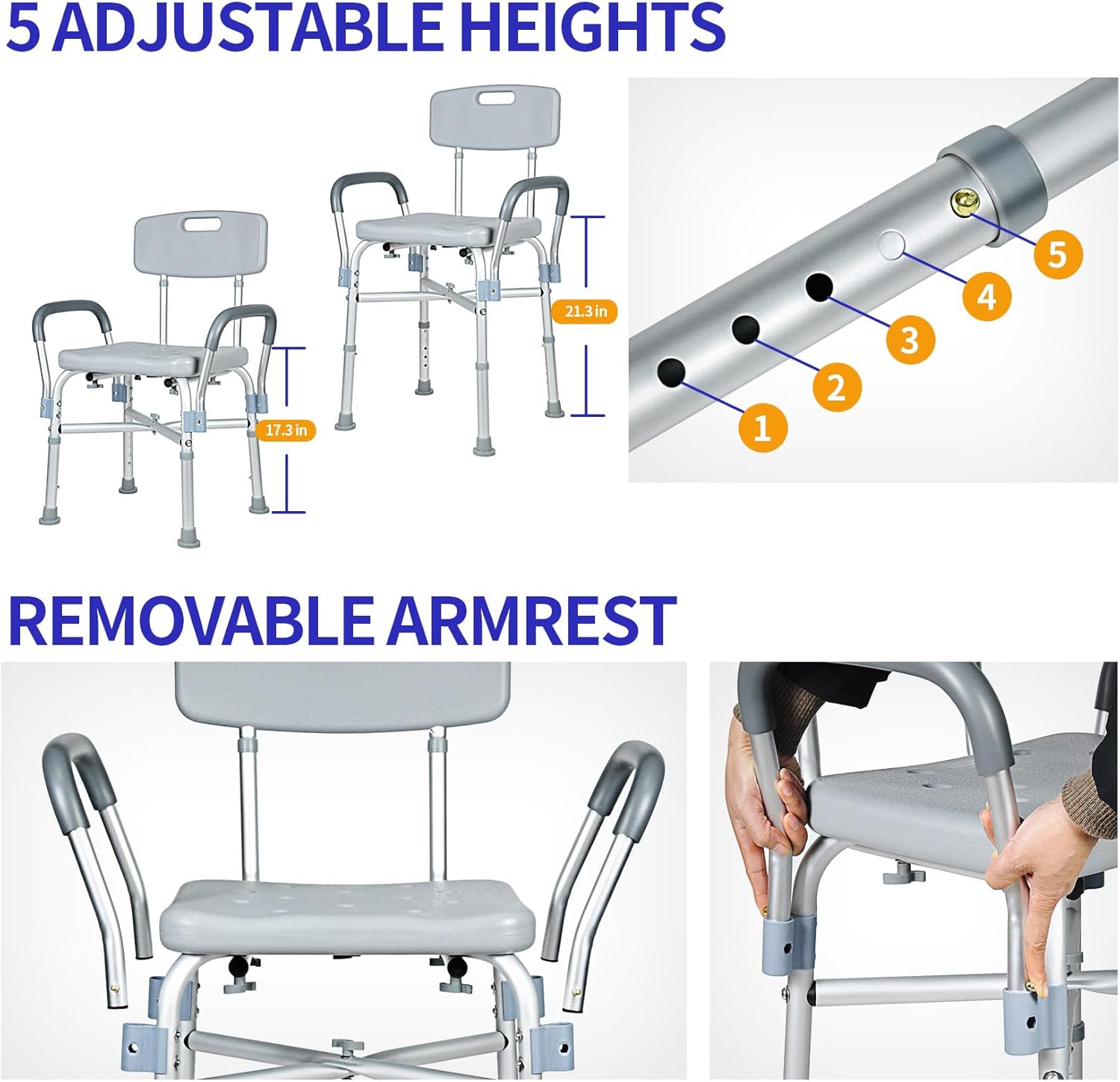 UNICOO Silla de ducha con respaldo, silla de bañera plegable con brazos y agujeros de drenaje para personas mayores discapacitadas, adultos,
