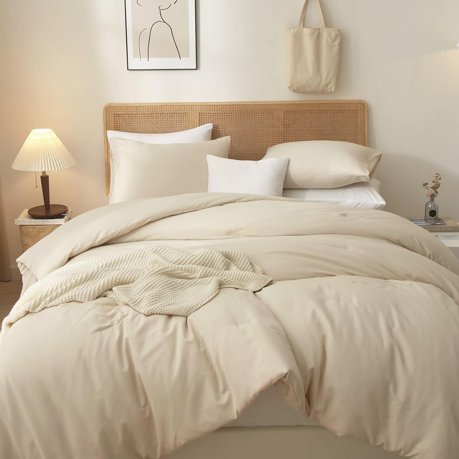 AMWAN Juego de edredón beige Queen Boho Beige Juego de ropa de cama de 3 piezas tamaño Queen, 1 edredón beige tostado con 2 fundas de almohada,