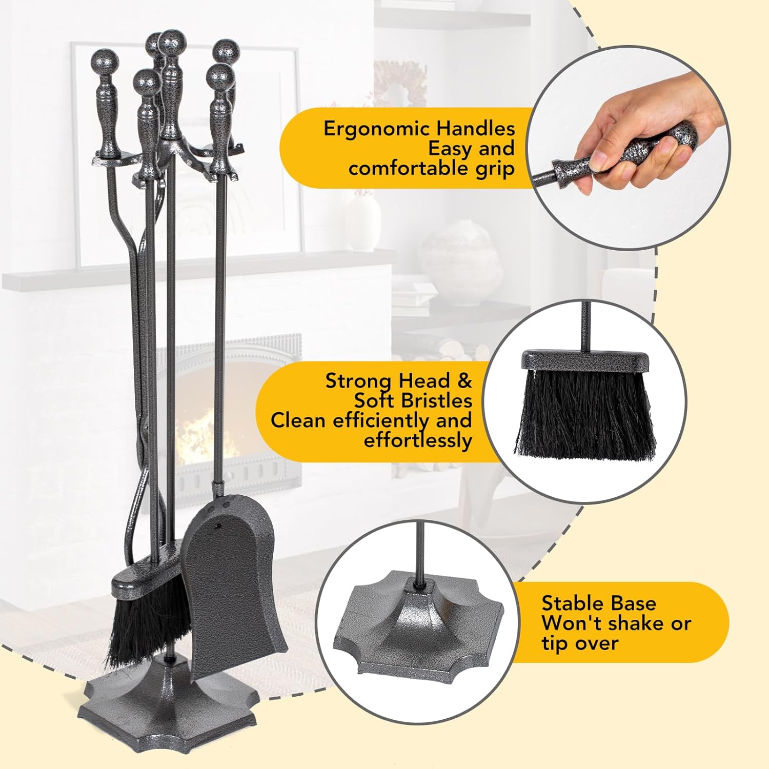 NALONE Juego de 5 herramientas para chimenea, hierro forjado con patrón plateado, accesorios para chimenea con póker, pinzas, pala, cepillo,
