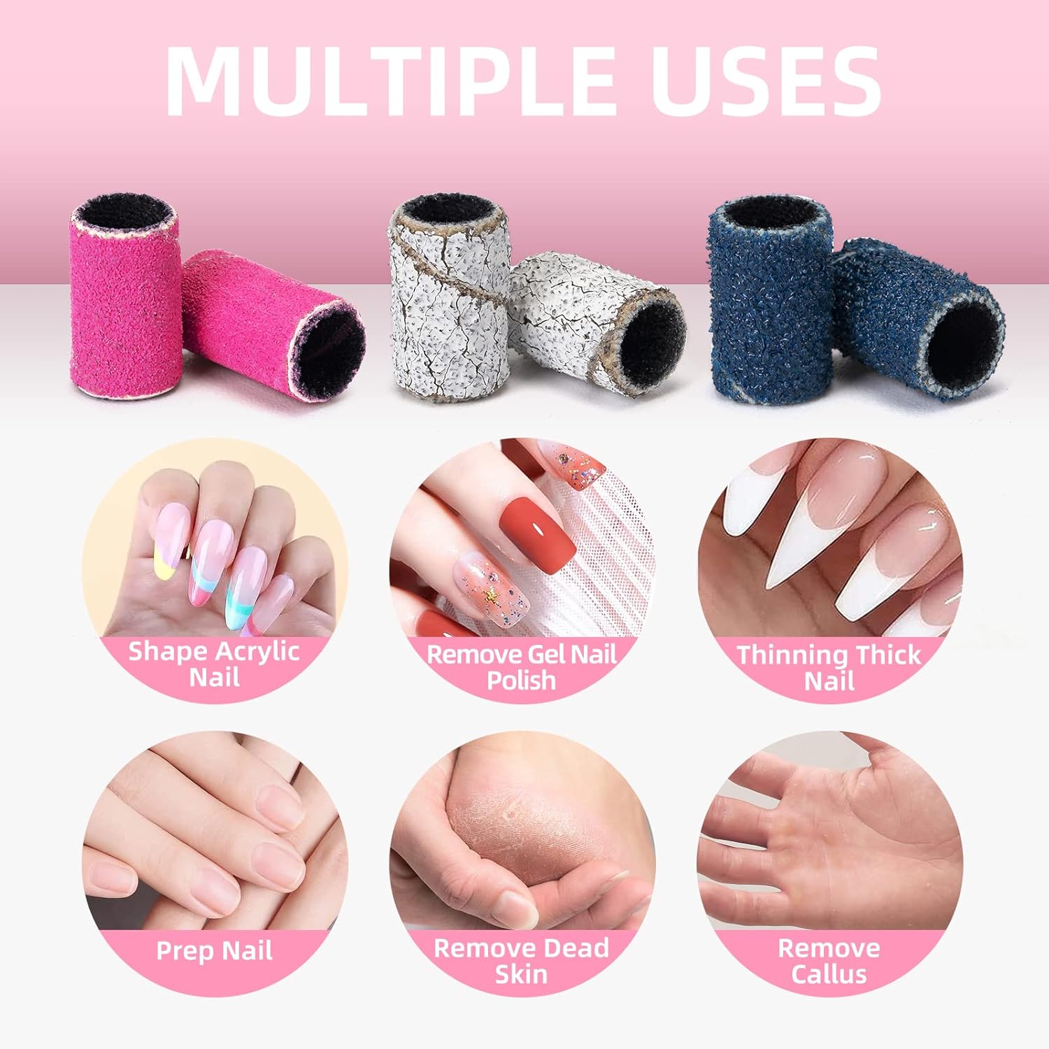 Efile – Juego de 300 bandas de lijado para taladro de uñas, 80 gruesas, 120, medianas, 180, de grano fino, 1 mandril, puntas de lijado de uñas para