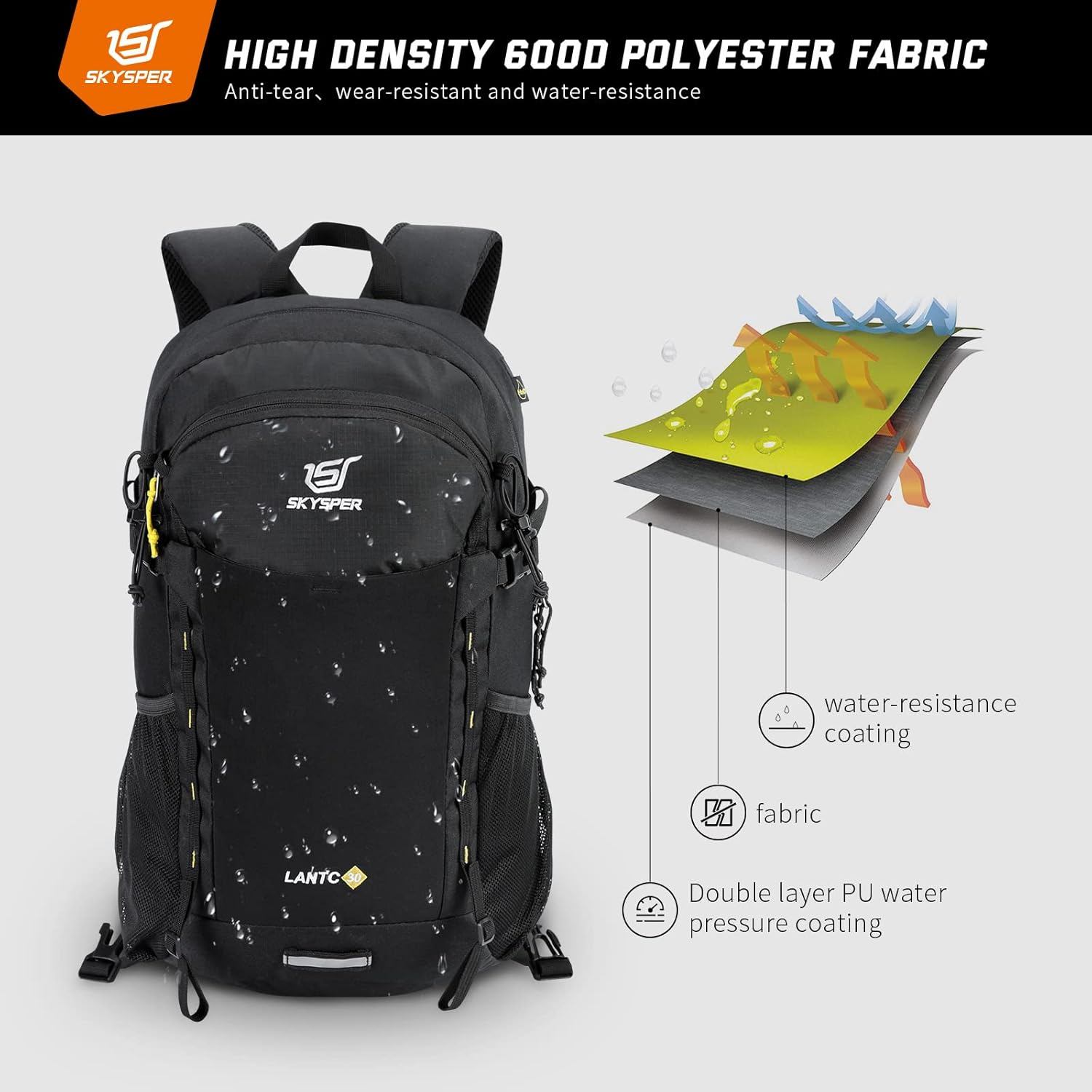 SKYSPER Mochila de senderismo 30L resistente al agua, paquetes de día para viajes, campamento al aire libre, hombres y mujeres, Lantc30-black, 30L,