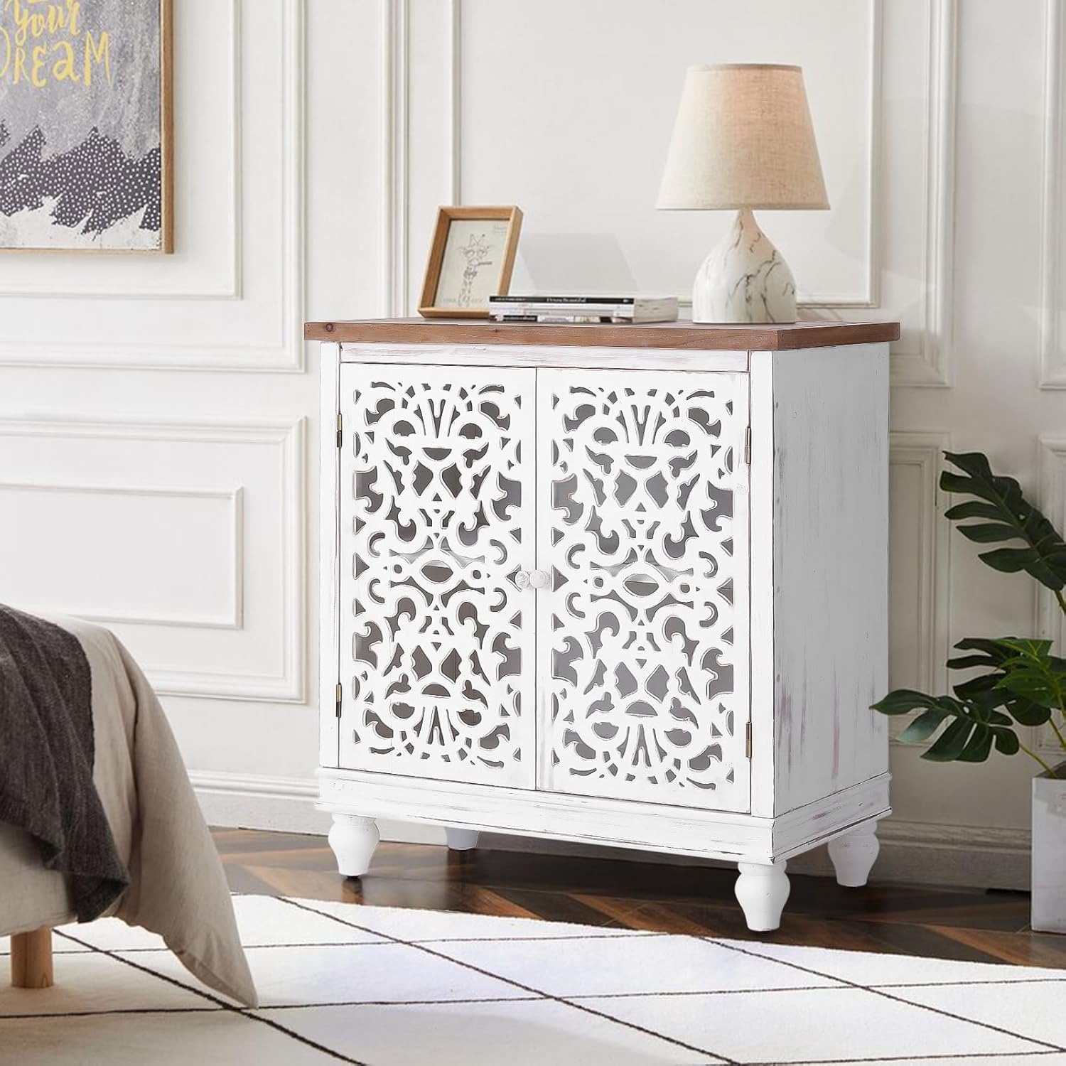 PHI VILLA Gabinete de acento blanco  Aparador de buffet pequeño con puertas Credenza Farmhouse Gabinete de almacenamiento