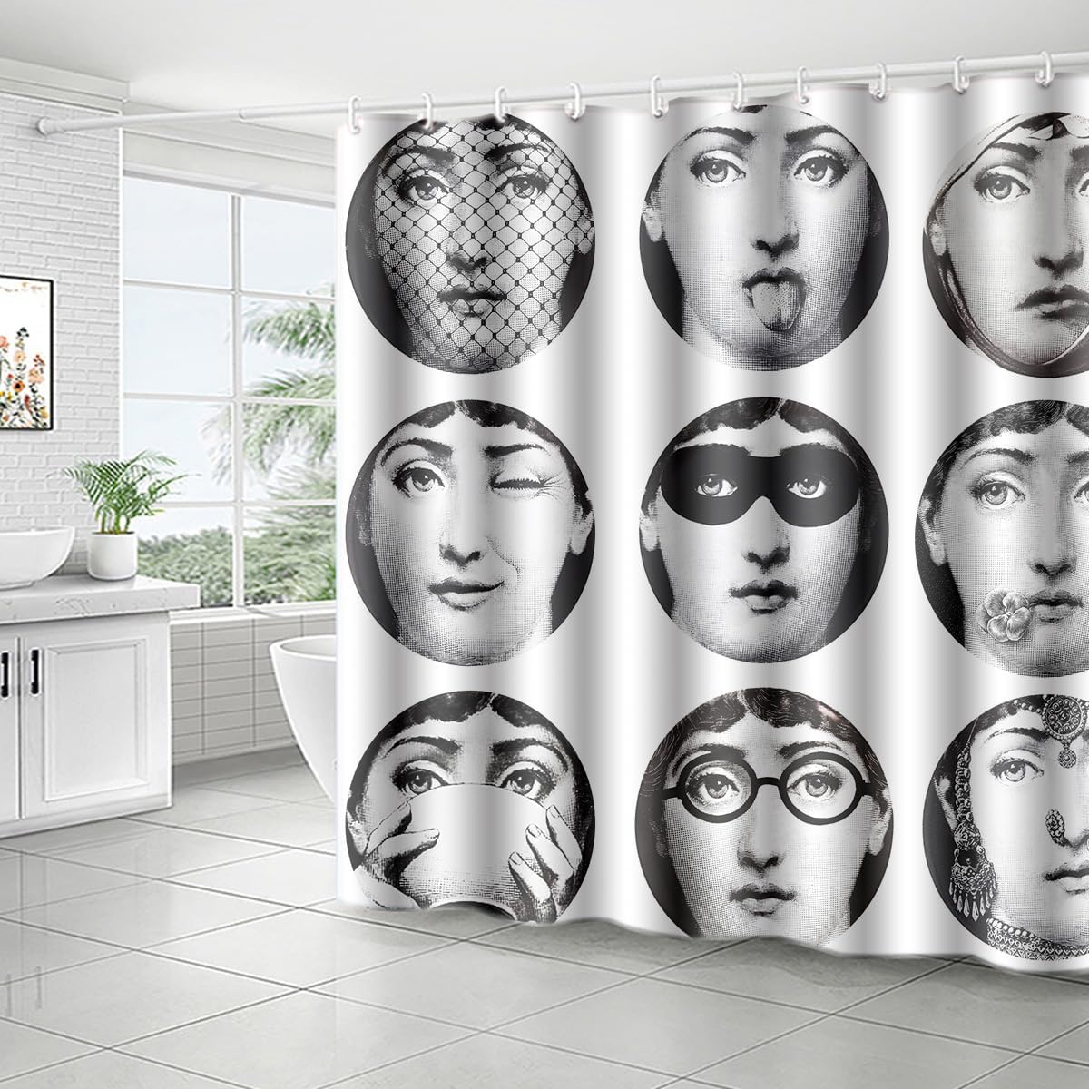 Cortina de ducha decorativa de tela impermeable de 72 x 72 pulgadas, diseño de Piero Fornasetti de Italia Piero Fornasetti con 12 ojales y ganchos