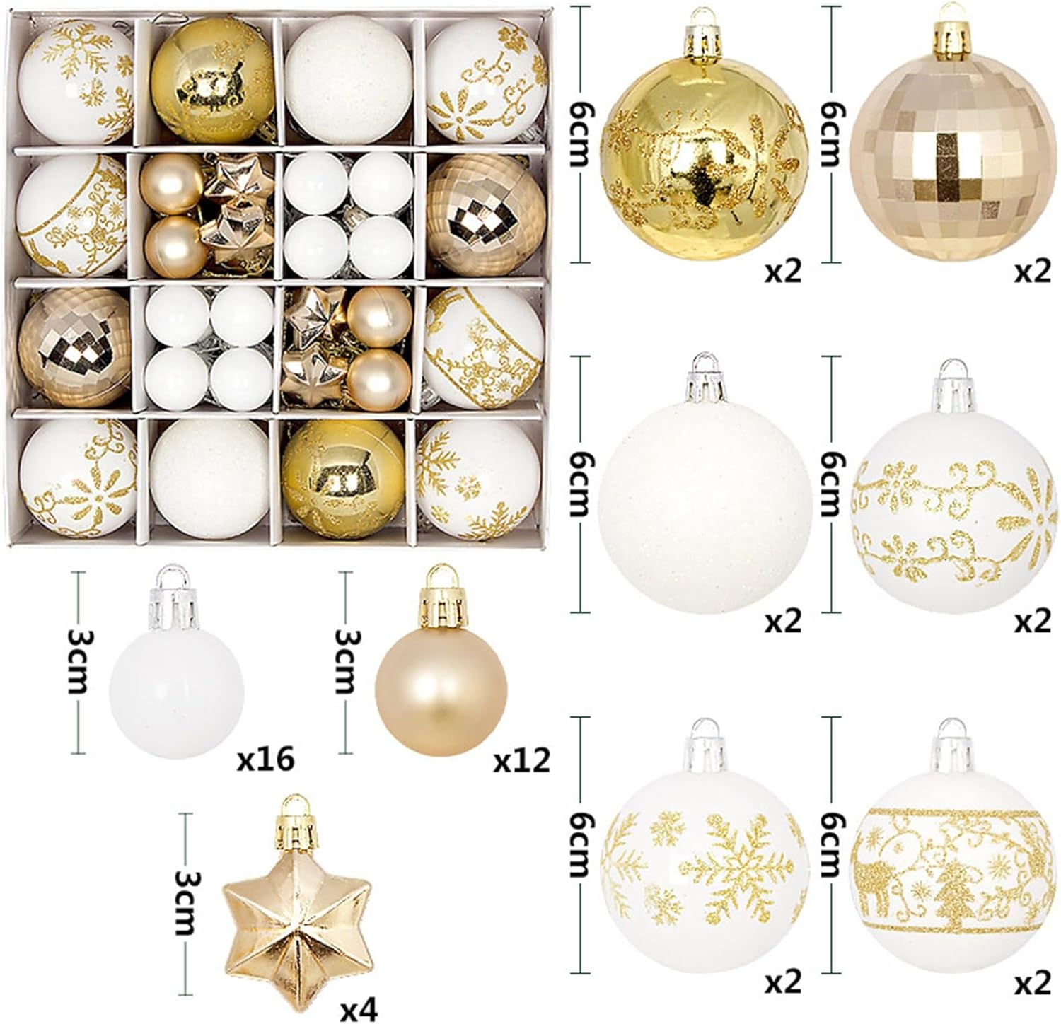 Adornos para árbol de Navidad, juego de 44 bolas de Navidad, juego de bolas de Navidad de plástico inastillables, decoración para festivales y