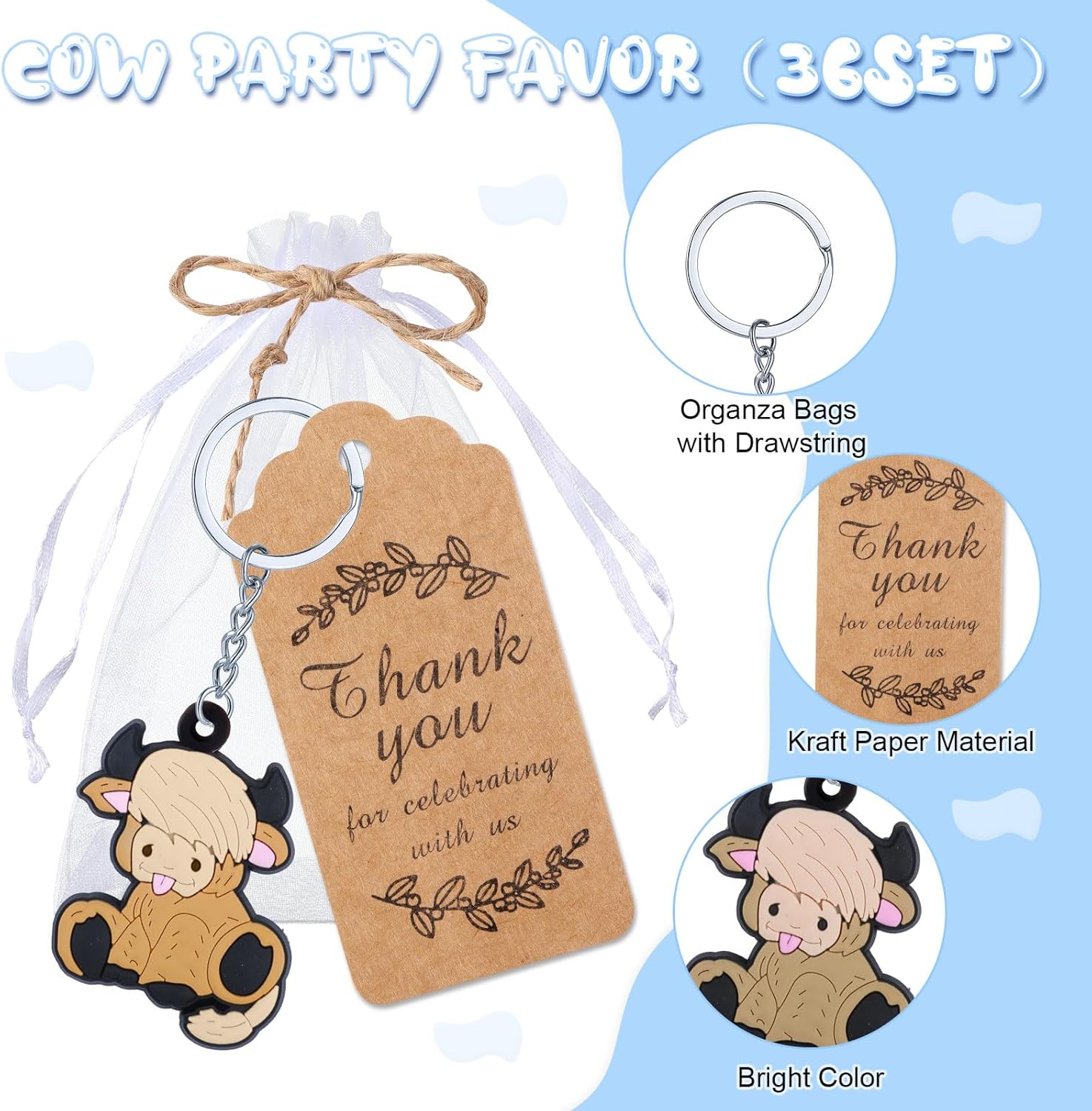 Kigeli 36 juegos de llaveros de fiesta de vaca de las tierras altas para niños con bolsas de organza, etiquetas de agradecimiento, regalos de