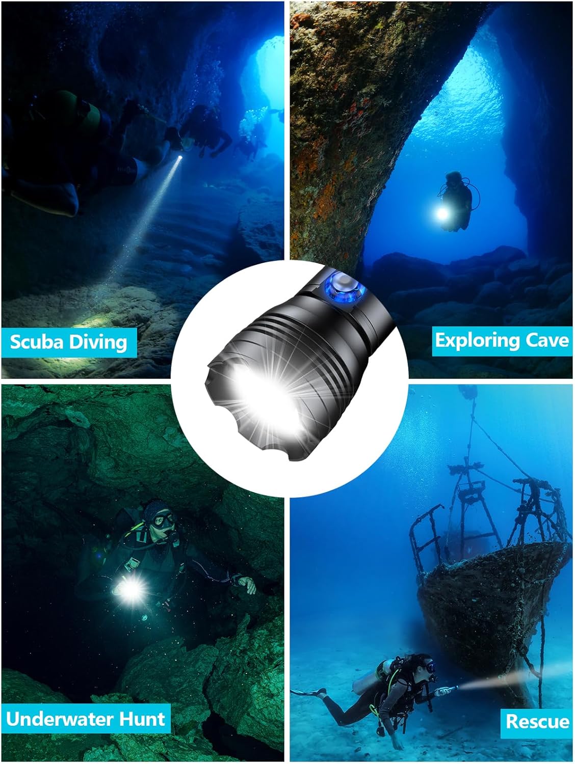 Genwiss Luces de buceo, linterna subacuática de 6000 lúmenes, más profunda 656.2 ft IPX68 impermeable, alta luz LED XHP70 recargable de lúmenes, 4