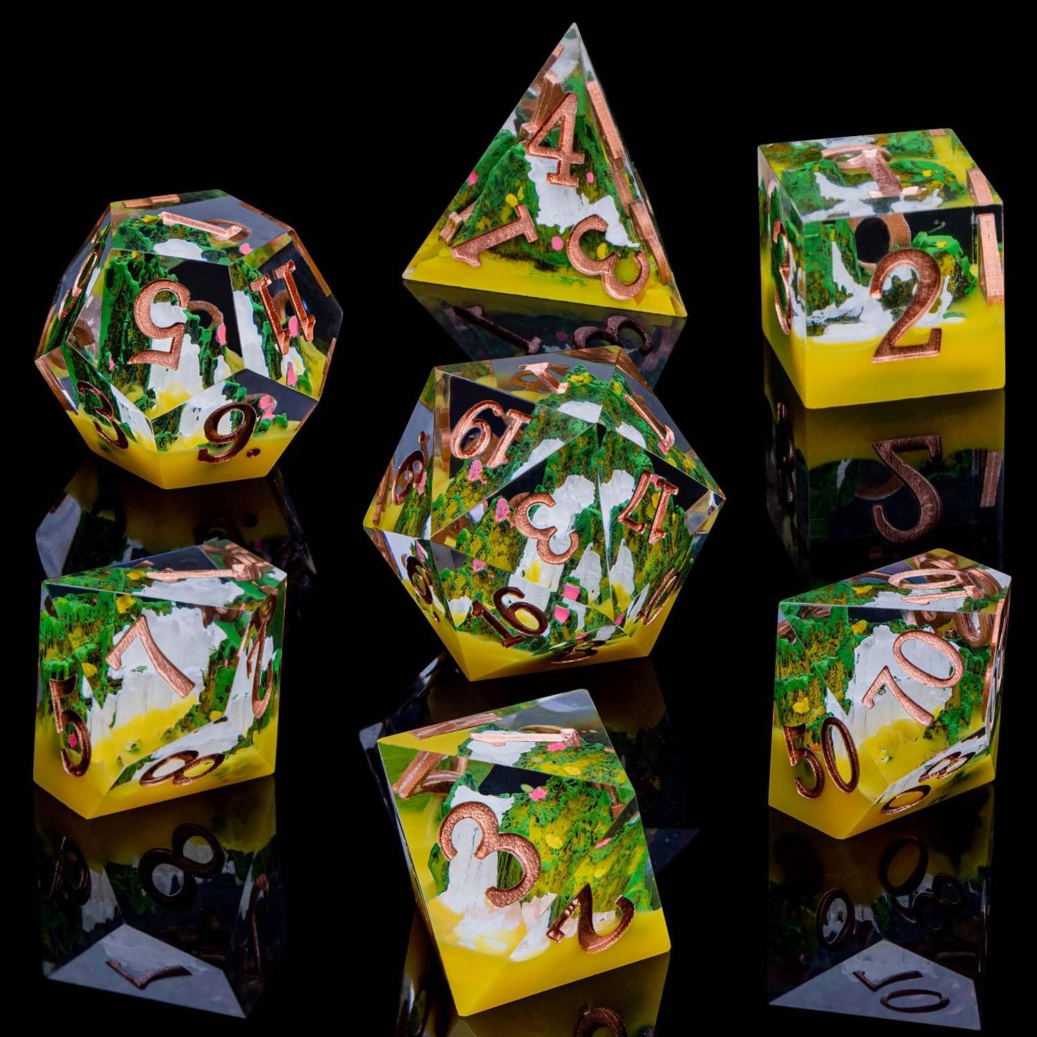 ARUOHHA Juego de dados de resina DND Mountain Peak D&D con caja, dados poliédricos translúcidos amarillos de Calabozos y Dragones, juegos de rol