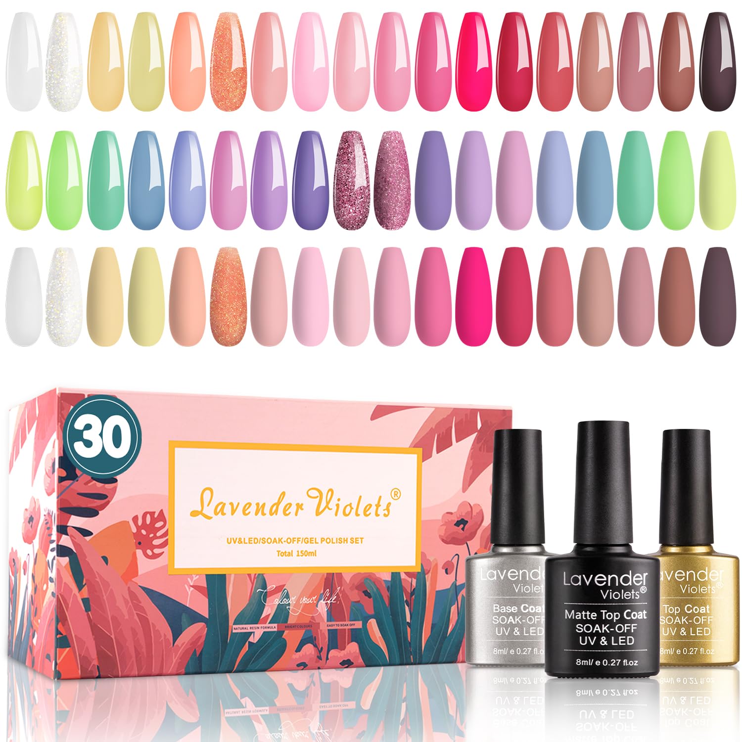 Lavender Violets Kit de esmalte de uñas de gel de 27+3 colores rosa, marrón y blanco, gel de uñas UV LED con base, capa superior mate y brillante