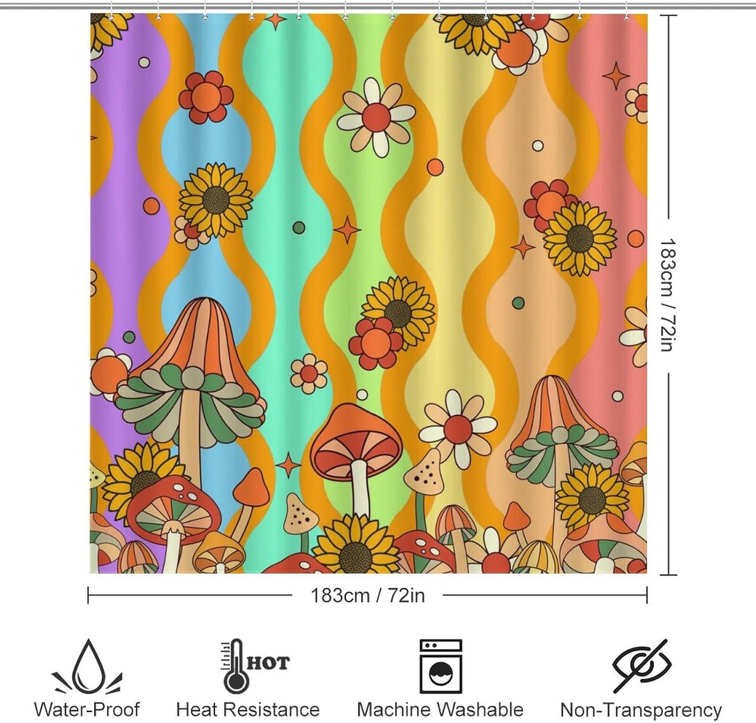 Brebasf – Juego de 4 cortinas de ducha impermeables con diseño de hongos bohemios y retro, diseño de girasol, diseño de hongos florales, con