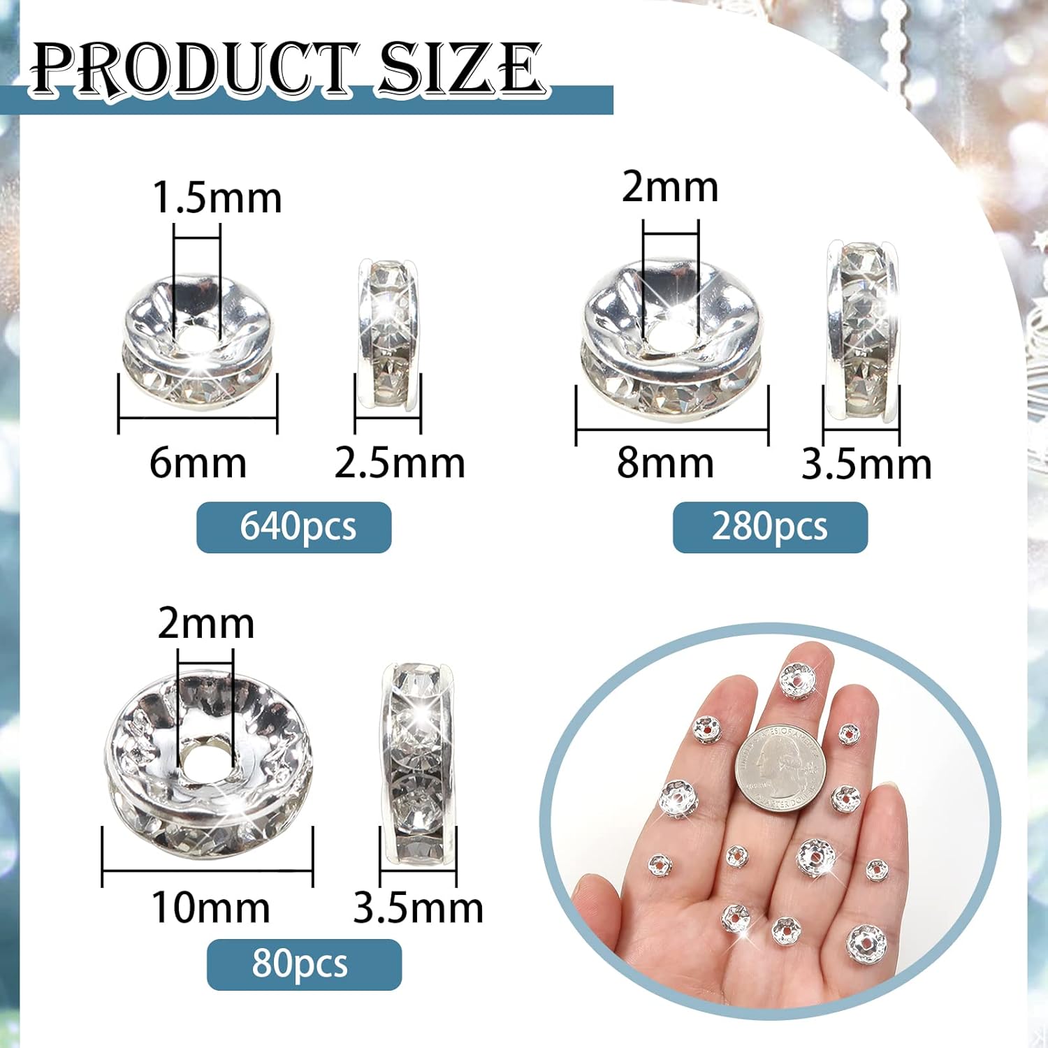 TOAOB – 1000 cuentas espaciadoras Rondelle de 0.236, 0.315 y 0.394 pulgadas, cuentas redondas de cristal plateado checo sueltas espaciadoras con