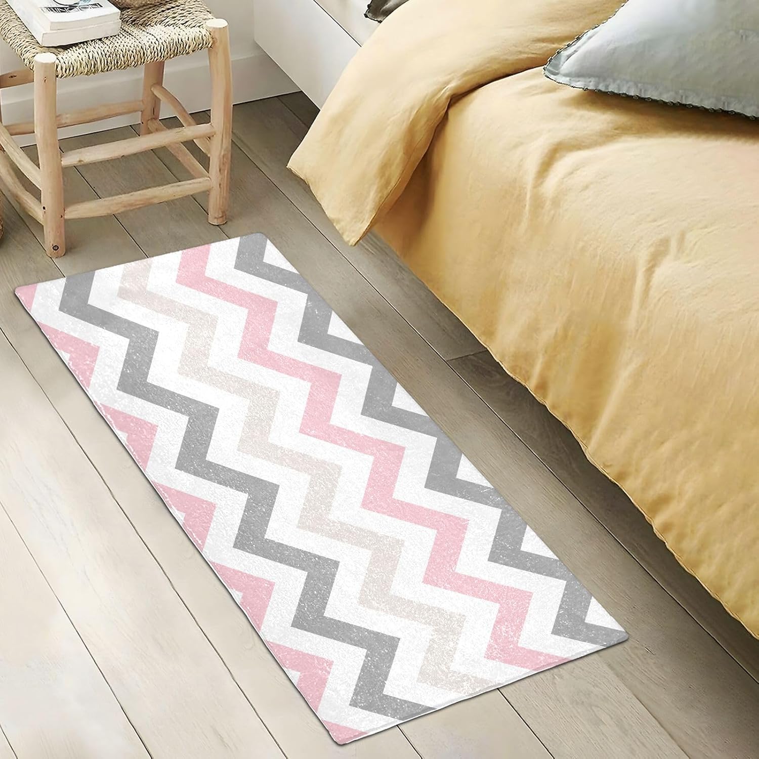 Joisal Alfombras de baño de felpa cheurón color rosa y gris, absorbentes, antideslizantes, con parte trasera de goma, lavables, 39 x 20 pulgadas