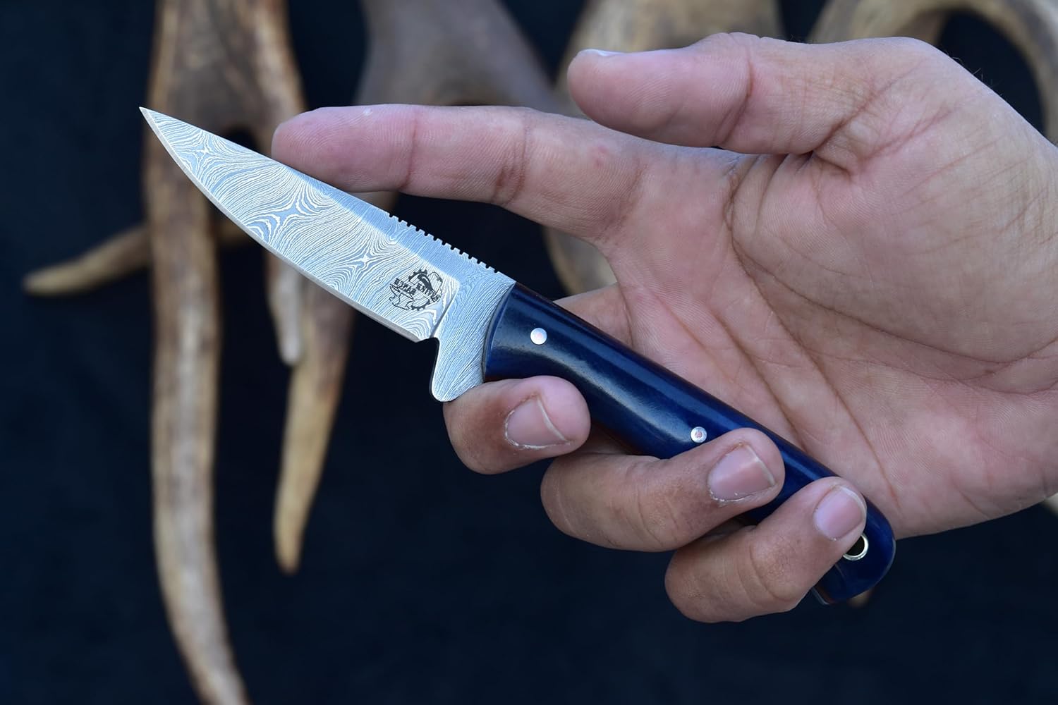 Knives Ranch Cuchillo EDC de hoja fija de 7 pulgadas, cuchillo de caza, acero de damasco, espiga completa, mango de hueso, funda de cuero de