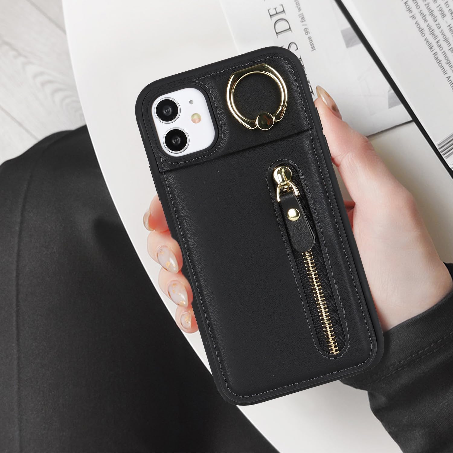 Funda para iPhone 11 con tarjetero para mujer, iPhone 11 con tarjeta de crédito con anillo de soporte, cremallera, a prueba de golpes, delgada, para