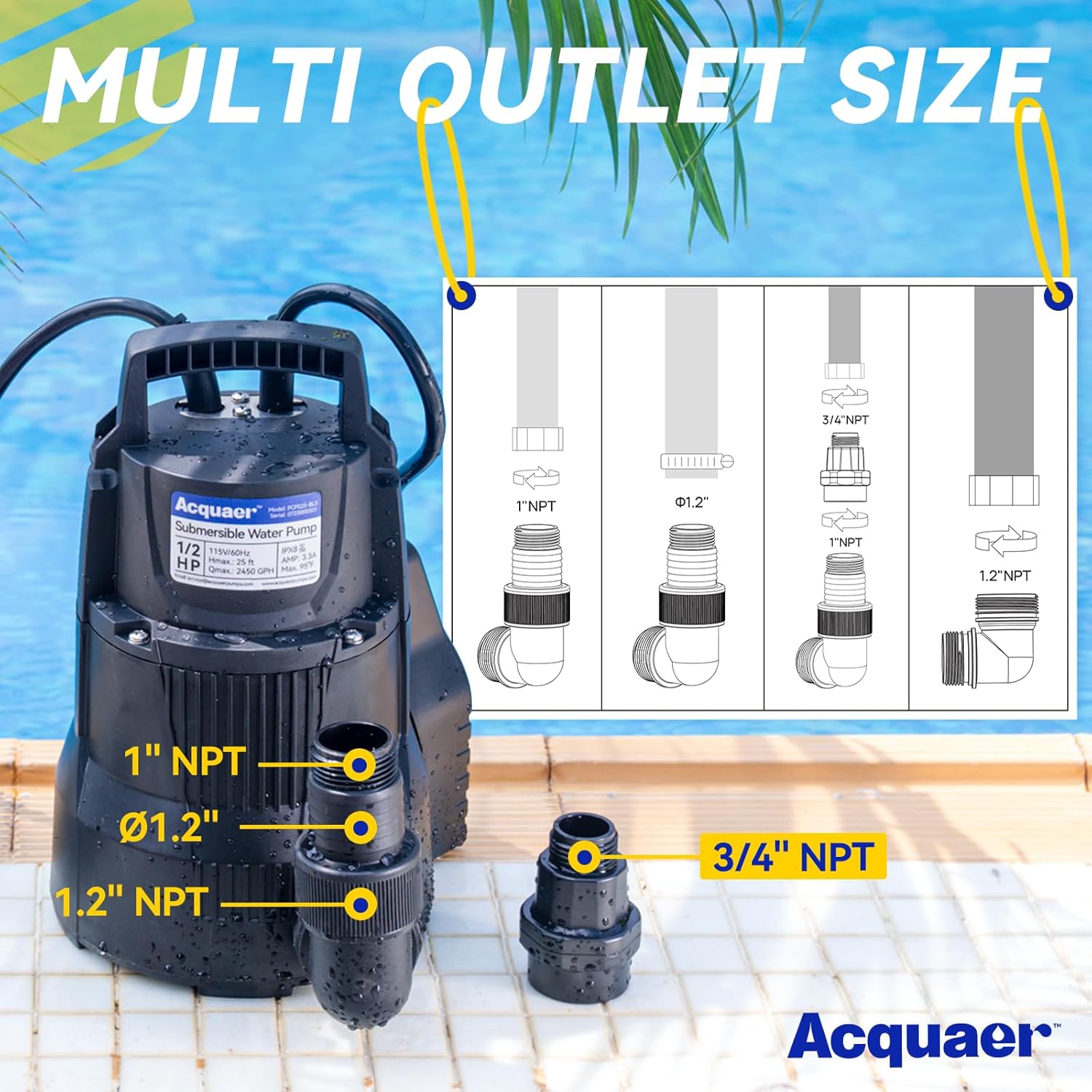 Acquaer Bomba de sumidero automática de 12 HP, bomba de agua sumergible de 2450 GPH con adaptador de válvula de retención de manguera de jardín de