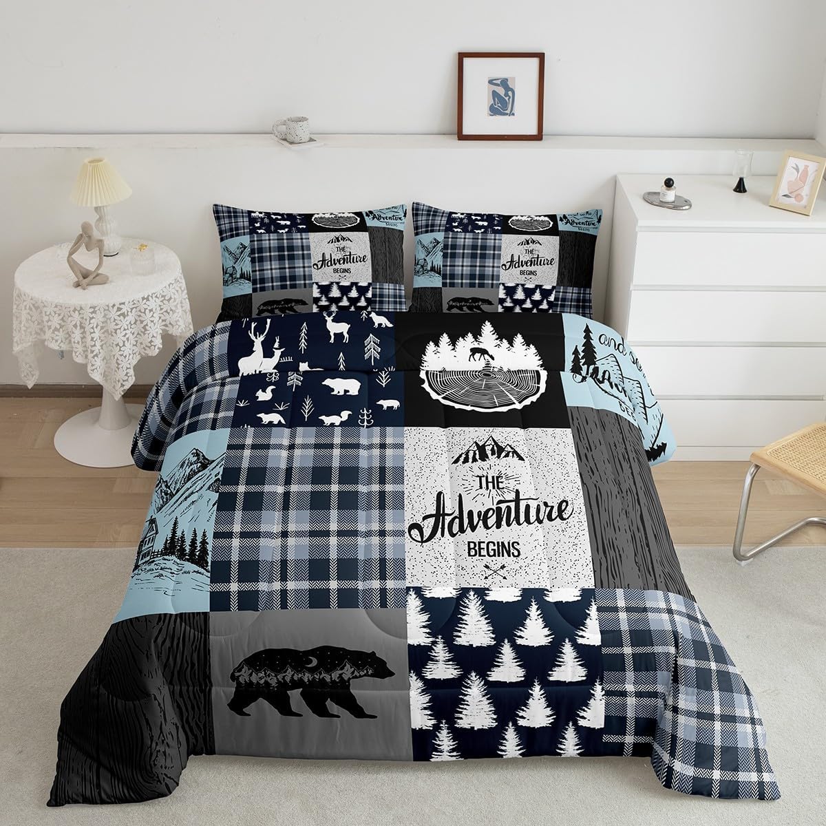 Juego de ropa de cama de cabaña retro rústica tamaño King, juego de edredón de oso y ciervos para niños, adolescentes y adultos, edredón de caza de