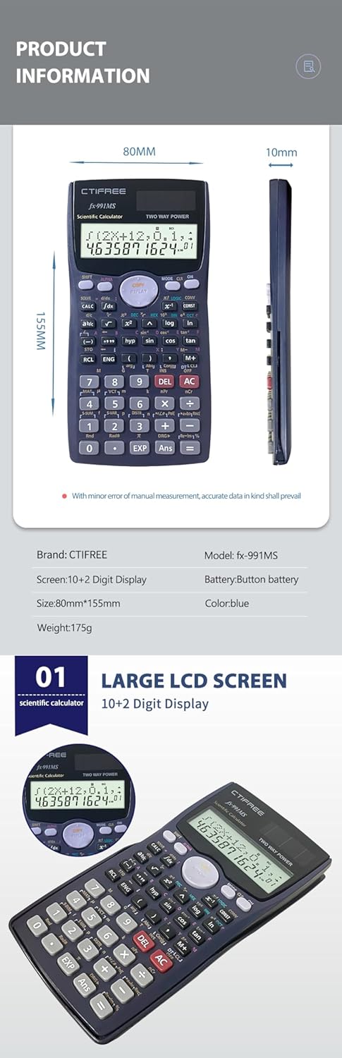 CTIFREE Calculadora científica FX-991MS College Middle School Matemáticas 401 Función Calculadora Cientifica Calculadora científica de doble potencia