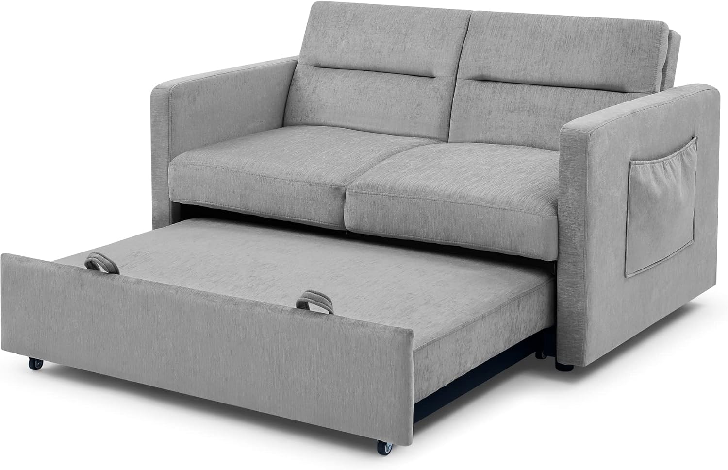 Sofá cama convertible moderno de 54.5 pulgadas, dos bolsillos laterales, tela gris con cama extraíble, sofá biplaza y respaldo ajustable para sala