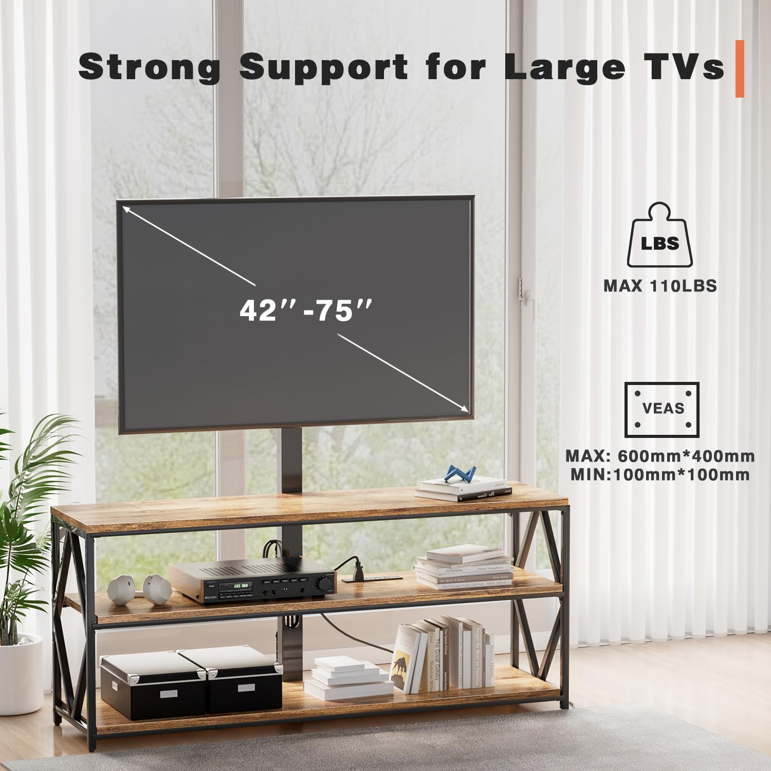 YESHOMY Soporte de TV giratorio con soporte para televisión de hasta 75 pulgadas, centro de entretenimiento con toma de corriente y estantes de