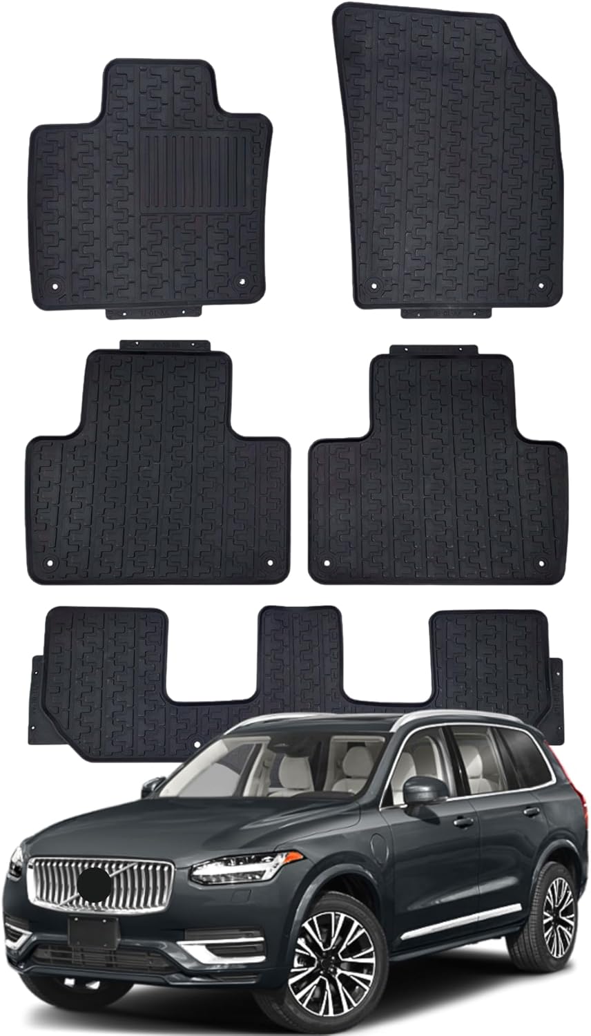 Alfombrillas para Volvo XC90 2016-2024 3Row All Weather 5items Rubber Set Negro Antideslizante