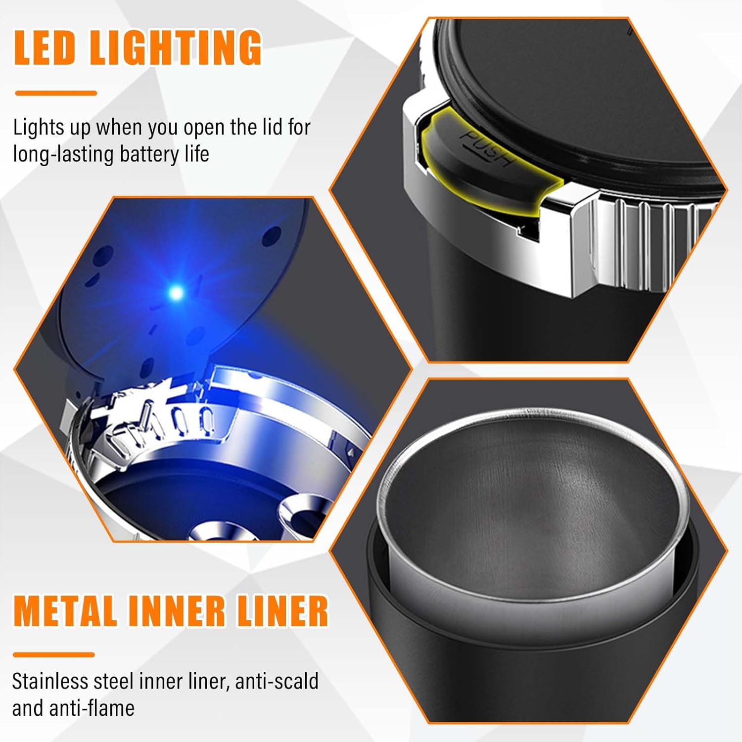 Cenicero para automóvil con tapa, cenicero portátil y desmontable sin humo, mini cubo de basura de acero inoxidable para vehículo con luz LED azul,