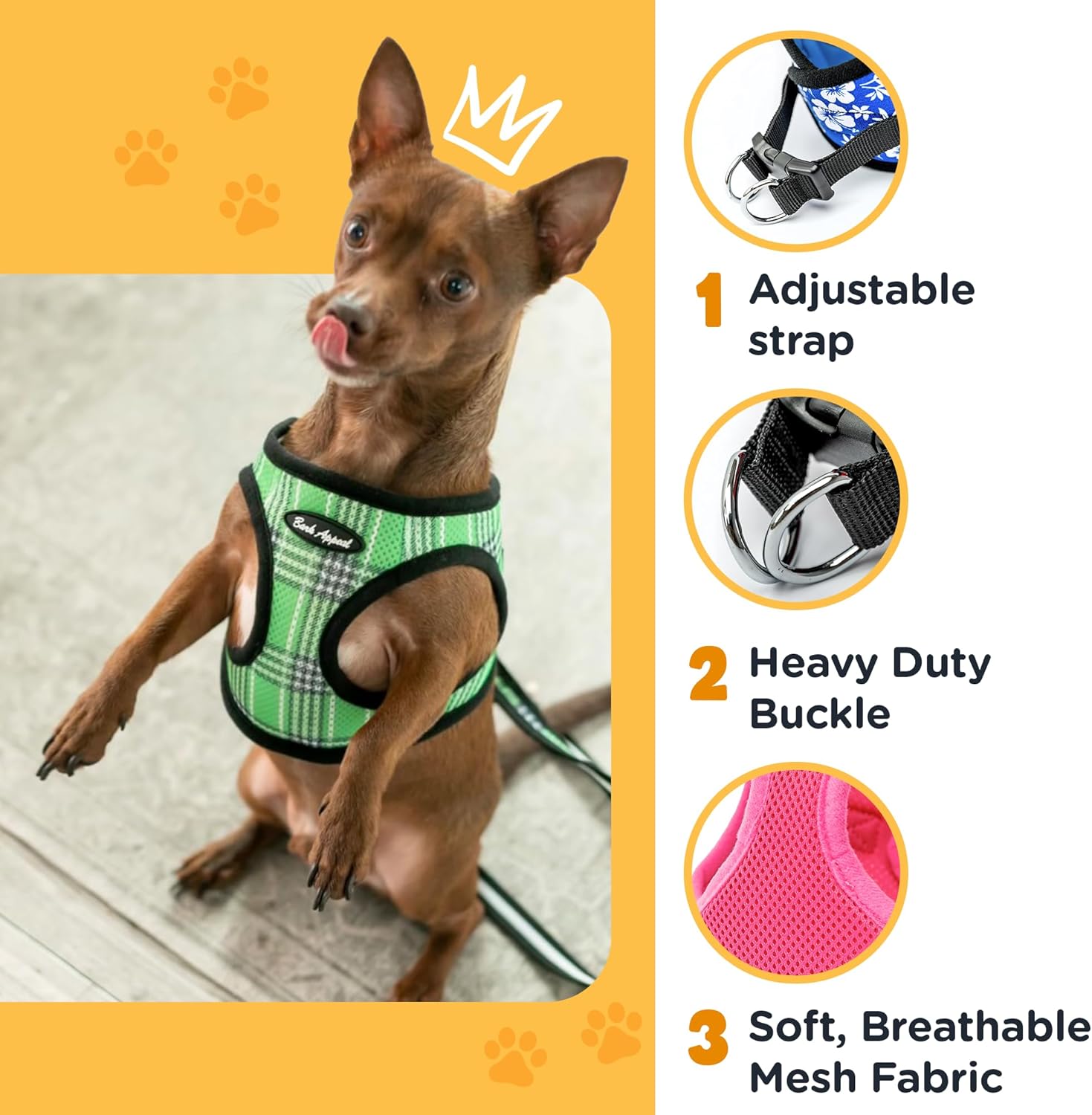 Bark Appeal – Arnés de malla para perros, arnés de chaleco de malla de varios colores para perros pequeños y medianos, no asfixia, con hebilla