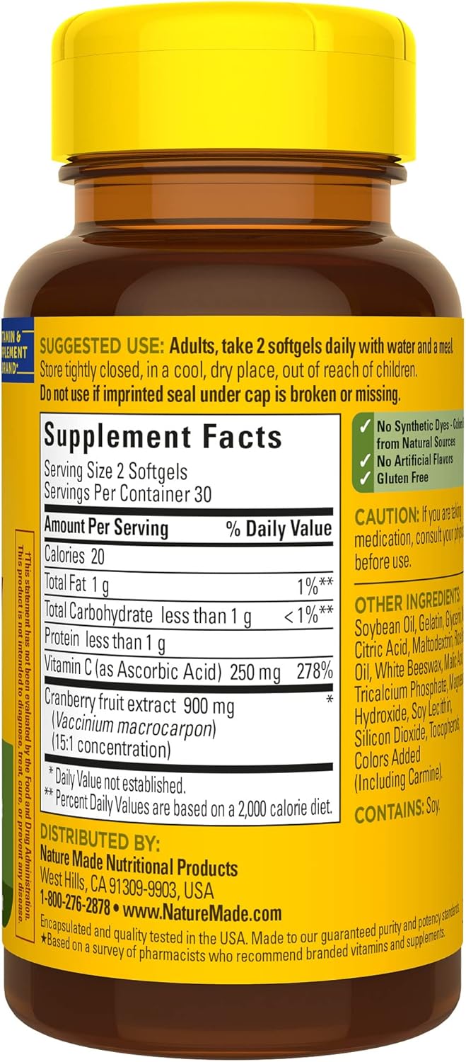 Nature Made Arándano con vitamina C, suplemento dietético para apoyo inmunológico y antioxidante, 60 cápsulas blandas, suministro para 30 días