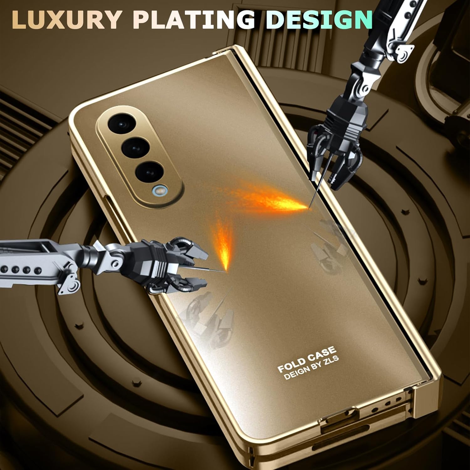 NINKI Funda compatible con Samsung Z Fold 4 de color dorado champán con protección de bisagra y textura de galvanoplastia, funda protectora de