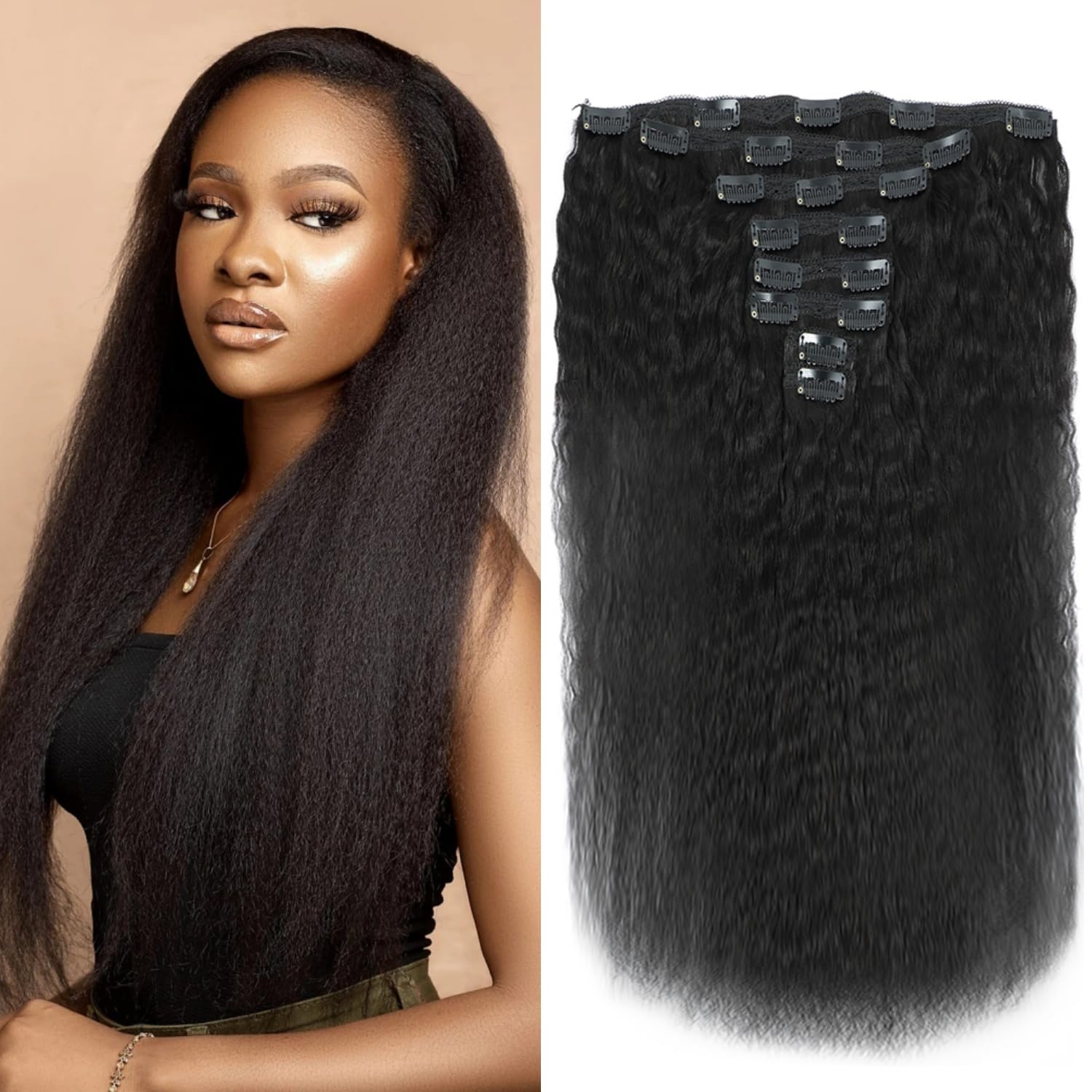LUMIERE Yaki – Extensiones de cabello lacio con clip, grado 10A, cabello Remy brasileño con 20 clips, tramas dobles gruesas y suaves, color negro
